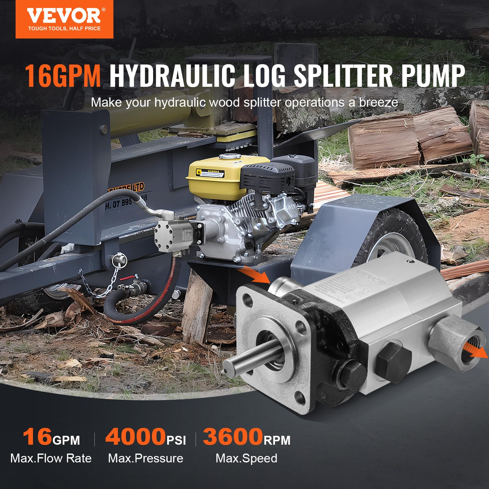 VEVOR Bomba hidráulica para divisor de troncos, 16 GPM 2 etapas 4000 PSI entrada de 1" salida NPT de 1/2" 3600 RPM bomba hidráulica de engranajes de aluminio para motor pequeño quitanieves