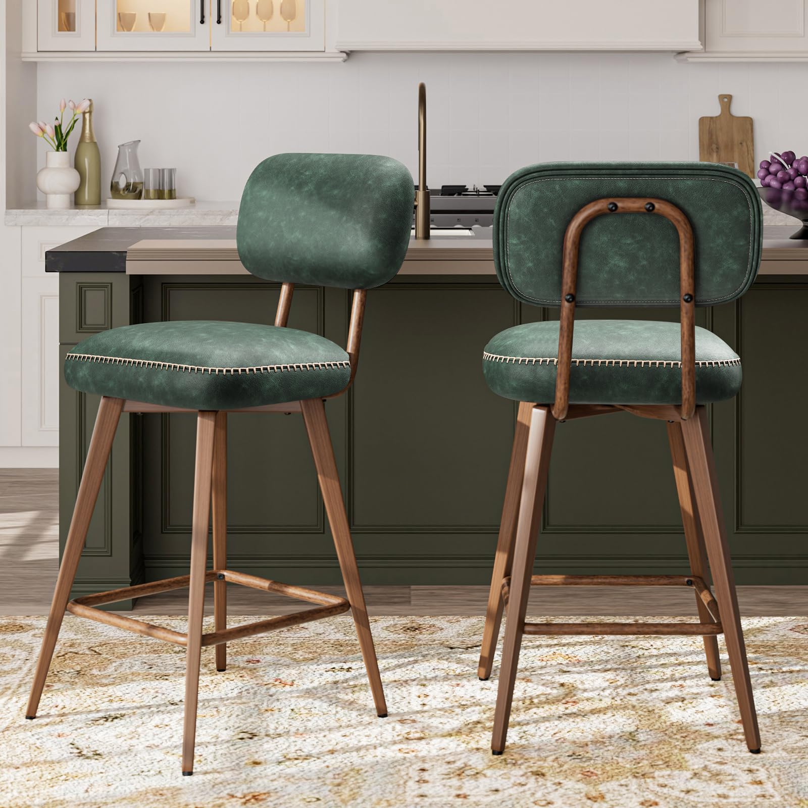 MALOL Swivel Bar Stools Set of 2, Mid Century PU Leather Counter Height Bar Chairs with Low Back and Metal Legs, Modern Bar Stool Chair for Kitchen Island, Green