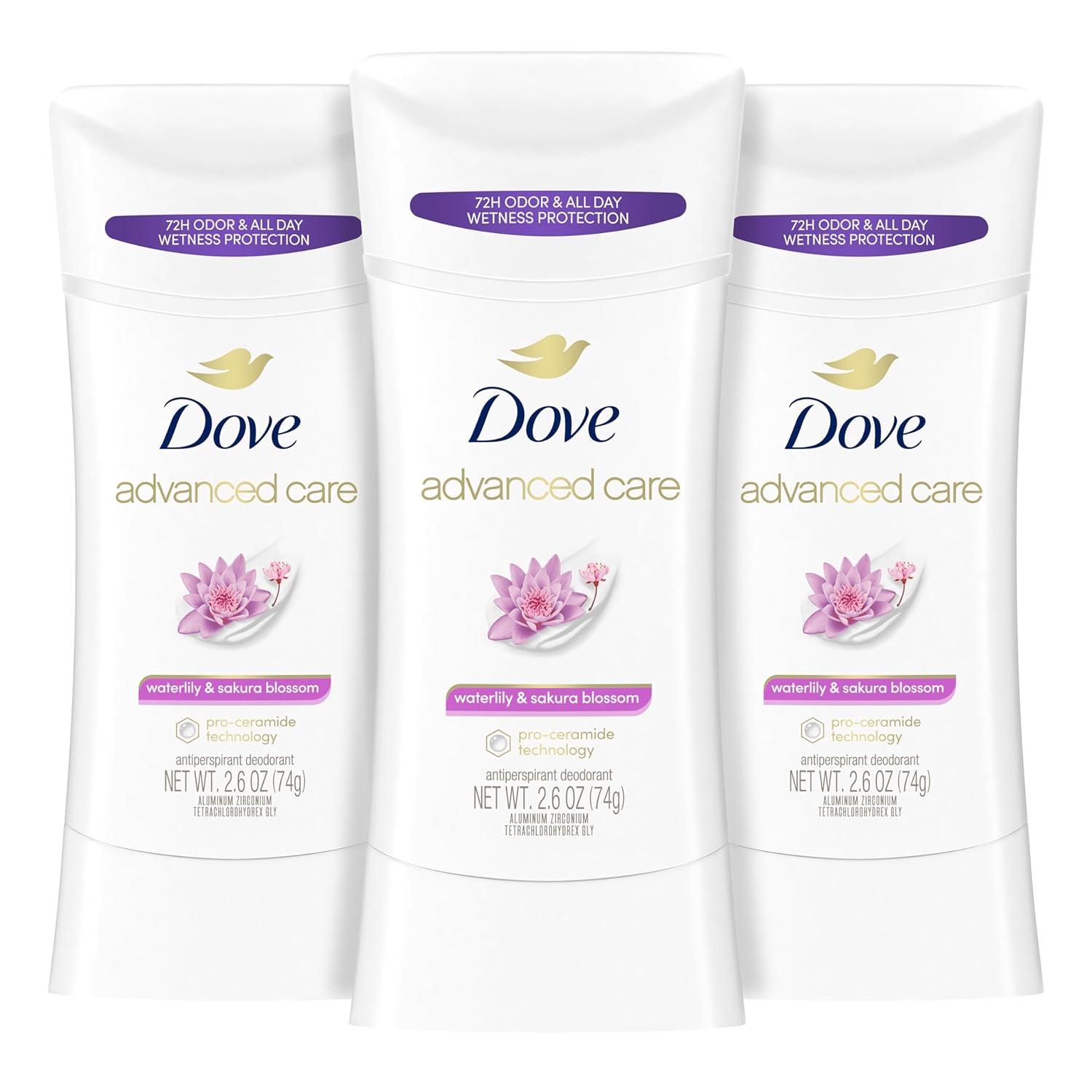Dove Advanced Care Antiperspirant Deodorant Stick Waterlily & Sakura Blossom 3ct For underarm care with Pro Ceramide technology with 72-hour odor control and sweat protection for soft underarms