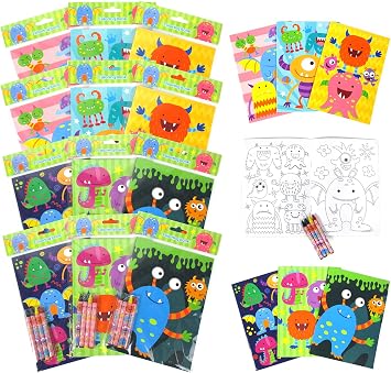 TINYMILLS Monster Coloring Book Set with 12 Coloring Books and 48 Crayons Monster Birthday Party Favor Bag Filler Carnival Prizes Rewards Classroom Party Halloween Favors