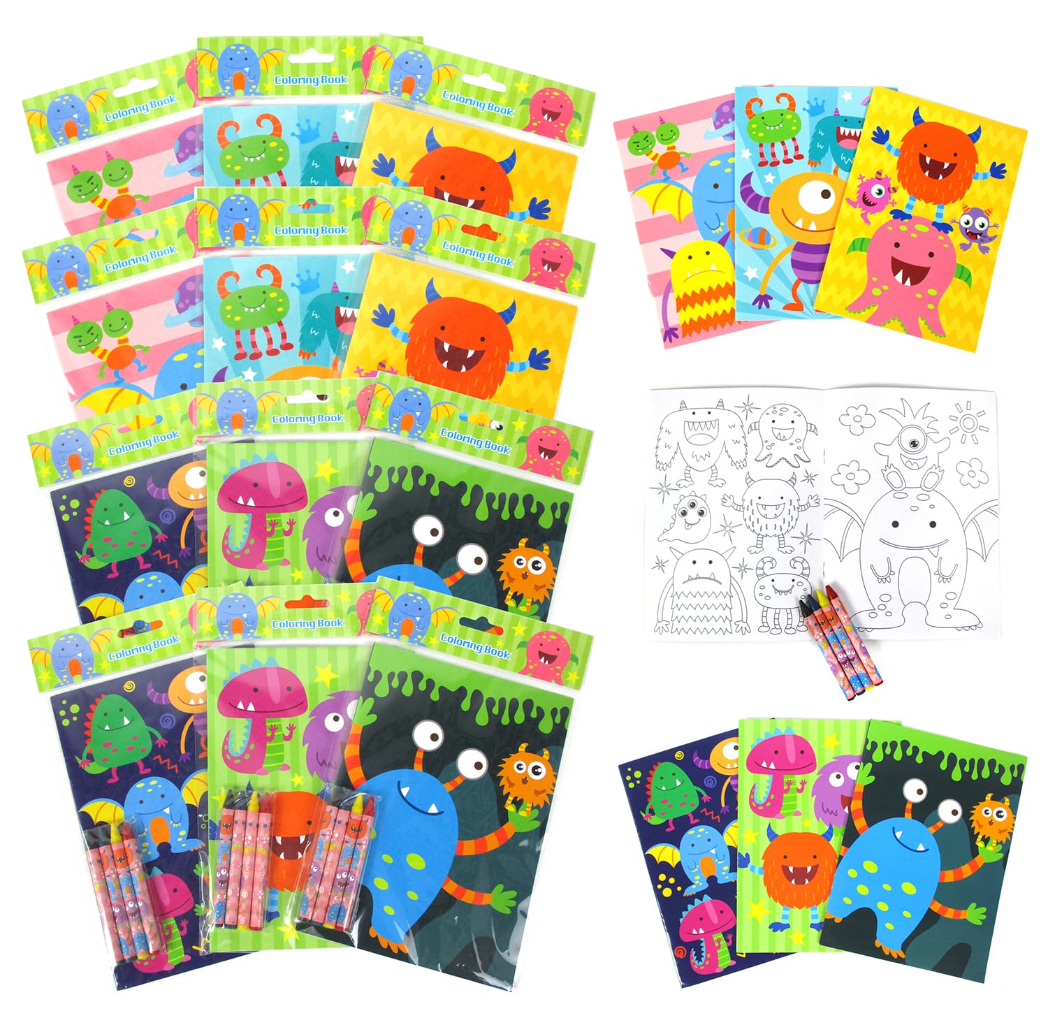 TINYMILLS Monster Coloring Book Set with 12 Coloring Books and 48 Crayons Monster Birthday Party Favor Bag Filler Carnival Prizes Rewards Classroom Party Halloween Favors