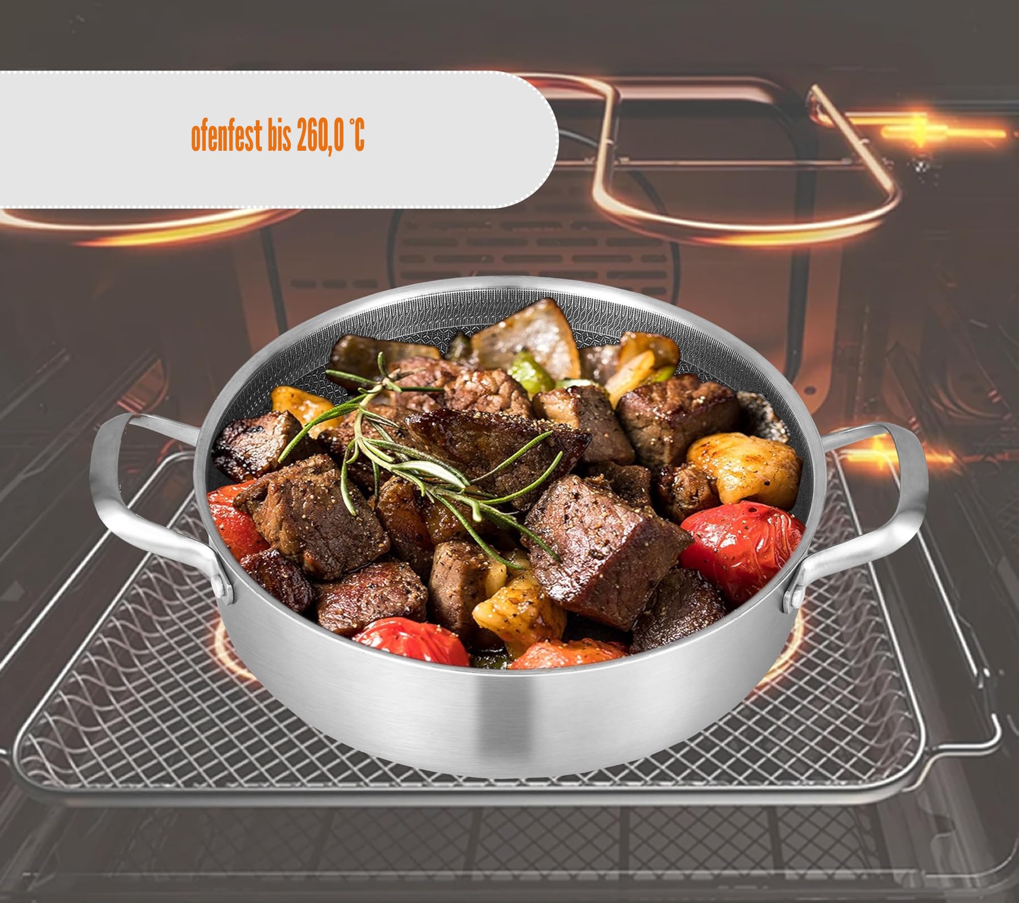 Inqibee Schmorpfanne 26 cm Hoher Rand, Schmortopf mit Deckel 2,5L | Edelstahl 18/8 antihaftbeschichtet, Pfanne Induktion, Servierpfanne für alle Herdarten geeignet, backofengeeignet