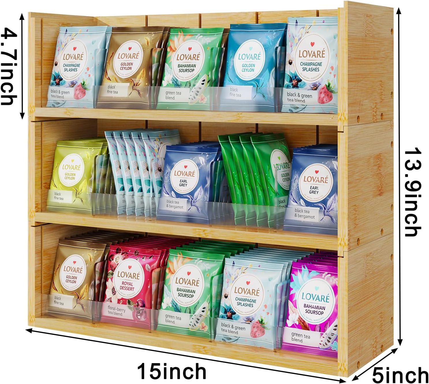X-cosrack Bamboo Tea Bag Organizer Storage Box, 3 Tier Stackable Tea Bag Box Natural Wood, Wall Mount Tea Chests with Acrylic for tea bags Office Kitchen Cabinet Pantry