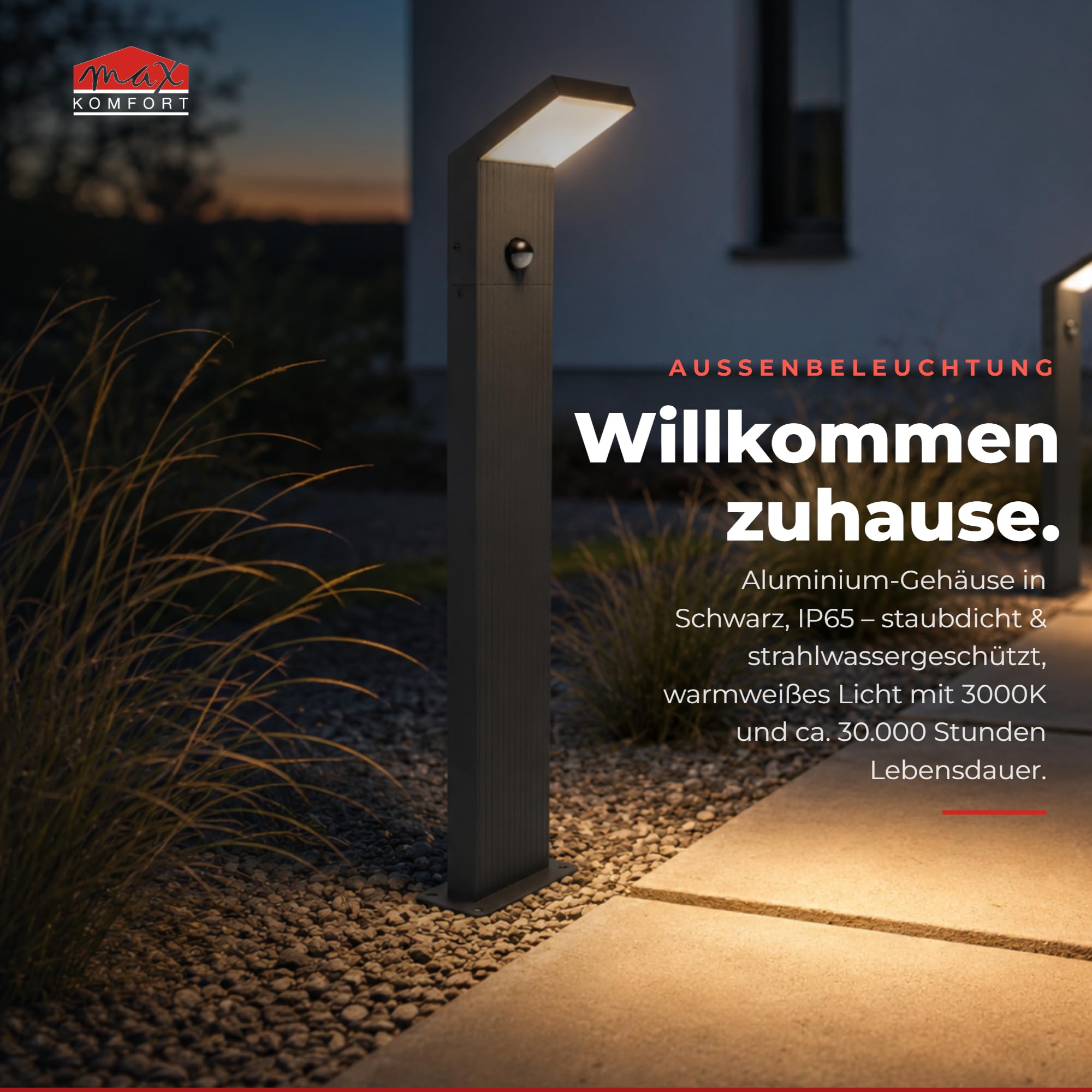 Maxkomfort LED Außenstandleuchte 80 cm Schwarz mit Bewegungsmelder – Premium Wegeleuchte IP65, 8W, 1280lm, 3000K warmweiß, Aluminium, Sensor mit Zeit- & Lux-Einstellung