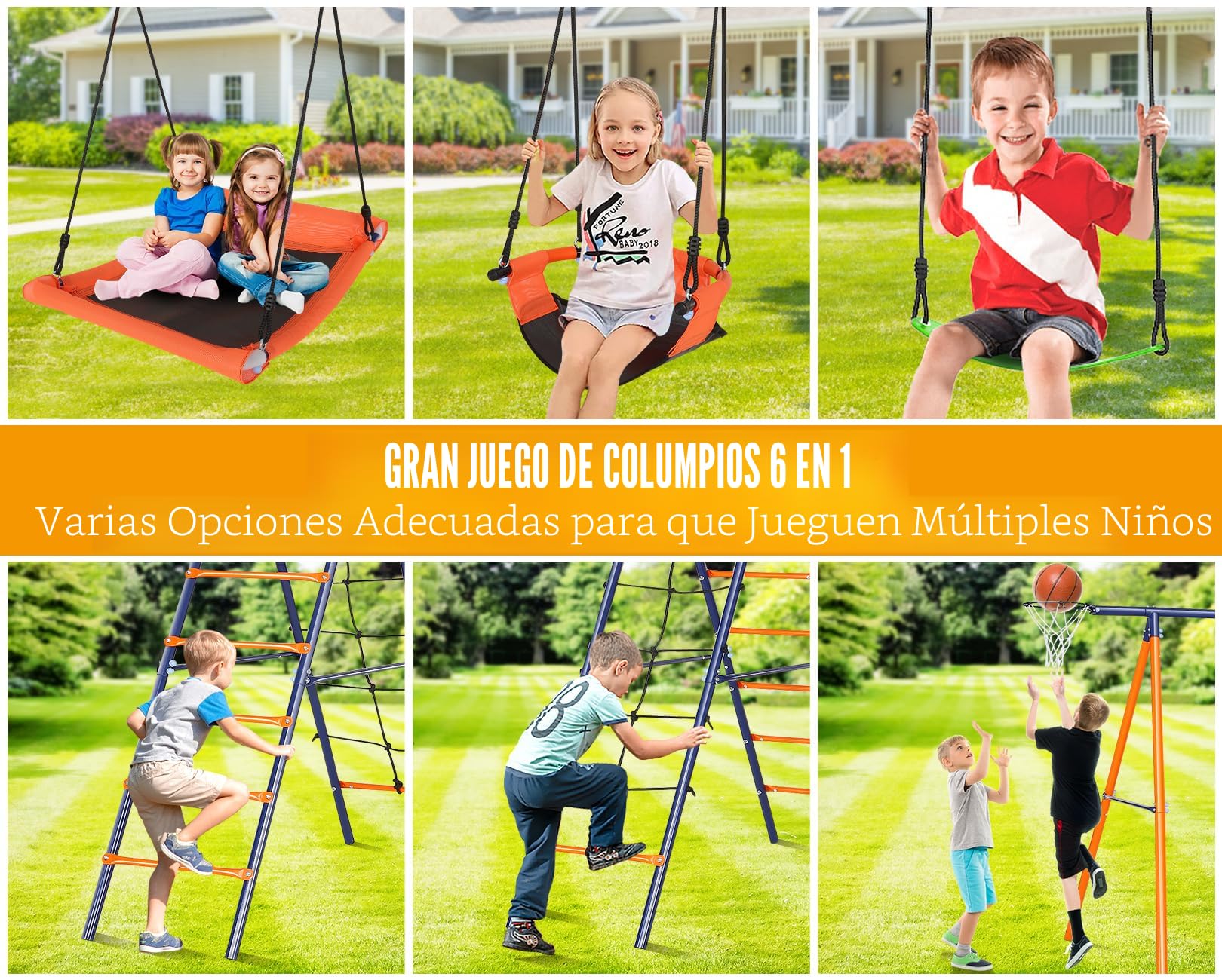 Set De Columpio Multifuncional Para Exteriores – Con 3 Columpios, Estructura Para Escalar Y Canasta De Baloncesto, Acero Resistente Para Niños De 3 A 8 Años