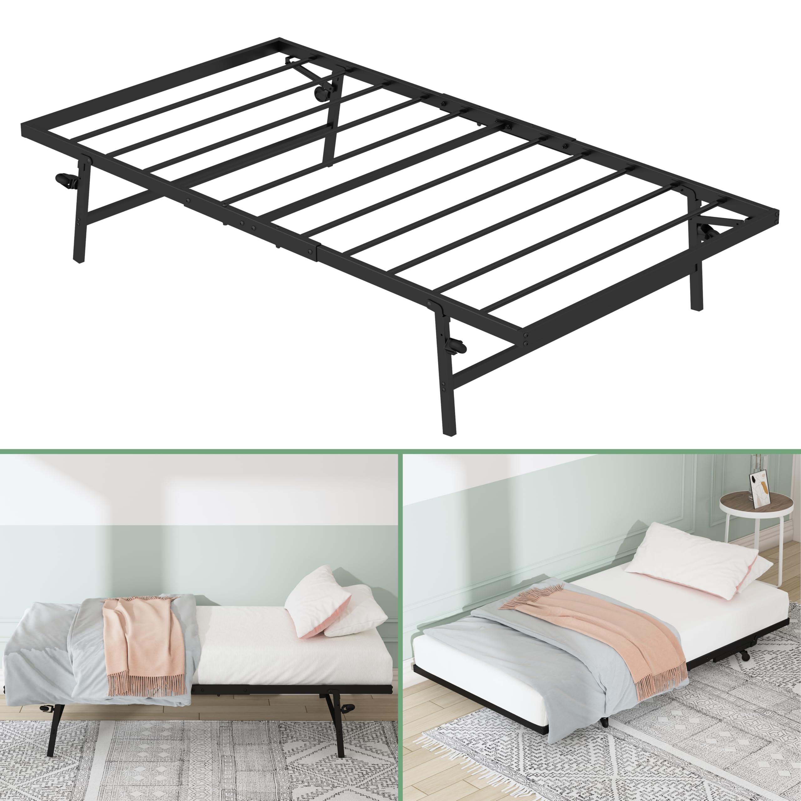 Trundle-Bed-Frame Stand-UP for Daybed- Folding Pop Up Trundle with Lockable Wheels,Heavy Duty Metal Frame,Easy to Assemble,Mattress Not Include-Twin