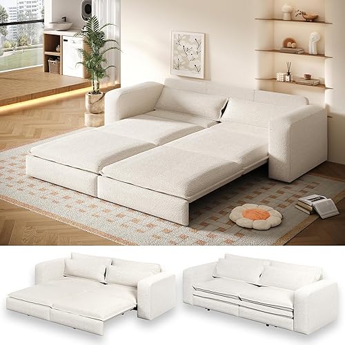 93" King Pull Out Sofa Bed, 3 in 1 Convertible Sleeper Sofa Couch, Comfy 3 Seater Sleeper Bed with 2 Pillows, Modern Upholstered Teddy Futon Couches for Living Room, Bedroom, Apartment, Beige