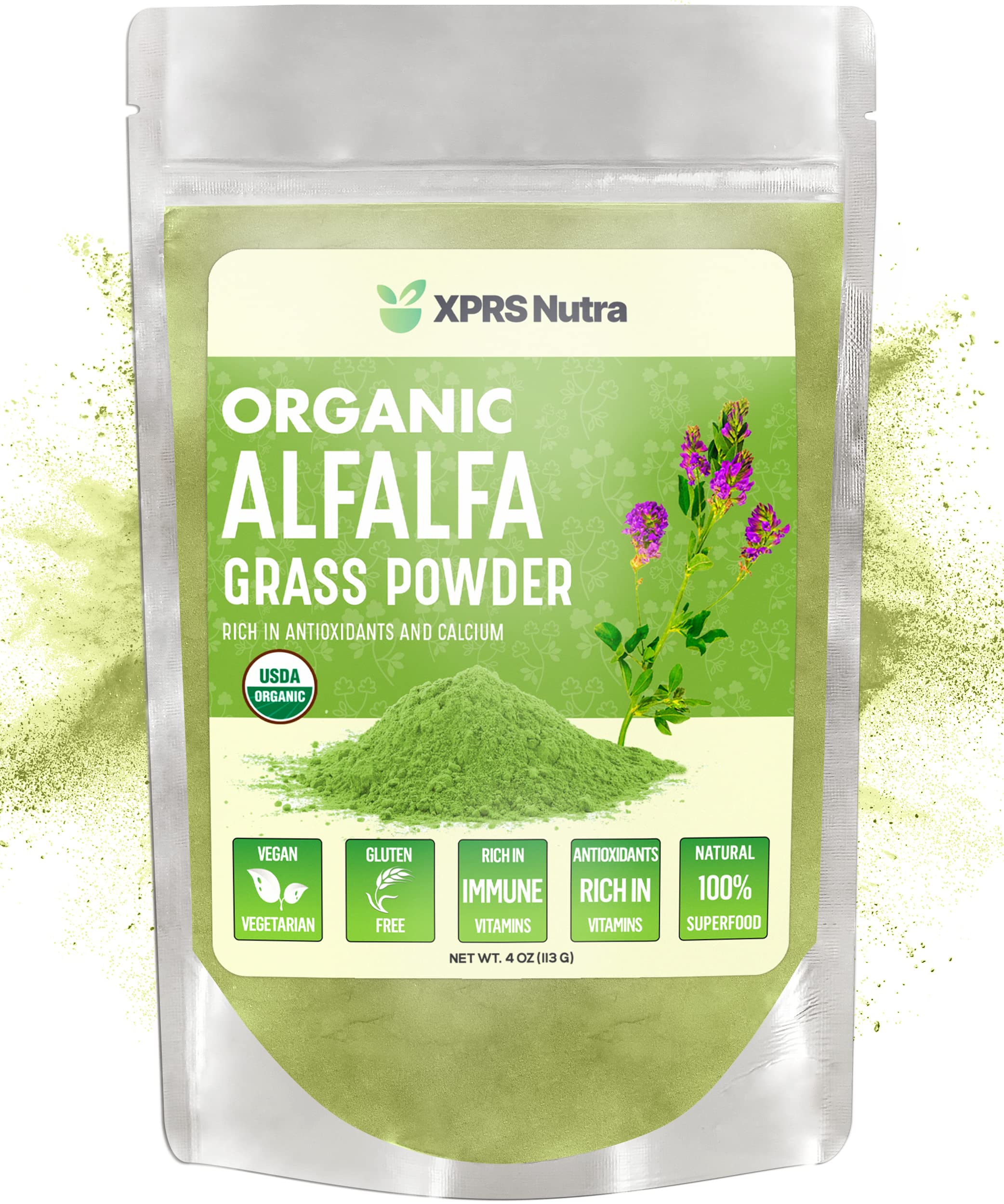 XPRS NutraOrganic Alfalfa Powder - Premium Vegan Alfalfa Supplement Rich in Calcium, Antioxidants, Vitamins - Alfalfa Powder Superfood for Smoothies, Beverages - Vegan Friendly, Non-GMO (4 Ounce)