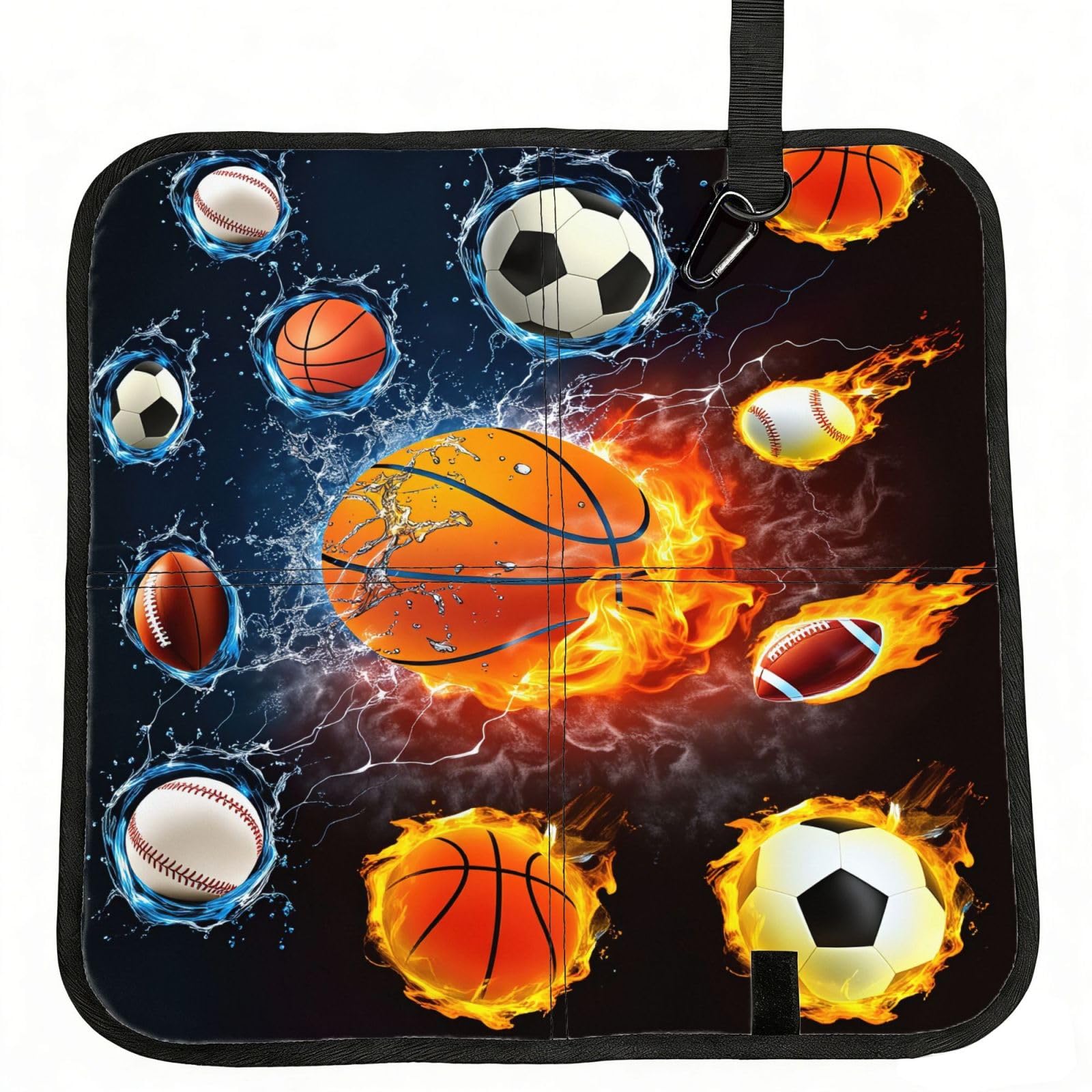 SDEGTHO Water Fire Basketball Print Padded Seat Pad Folding Cushion Waterproof Bench Mat Portable Outdoor Rest Mat 15.8"