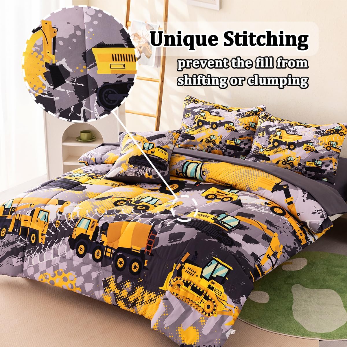6 Pcs Twin Bedding Set for Boys, Kids Construction Truck Comforter Sets with Sheets, Excavator Truck Twin Boys Bedding Sets - Image 5