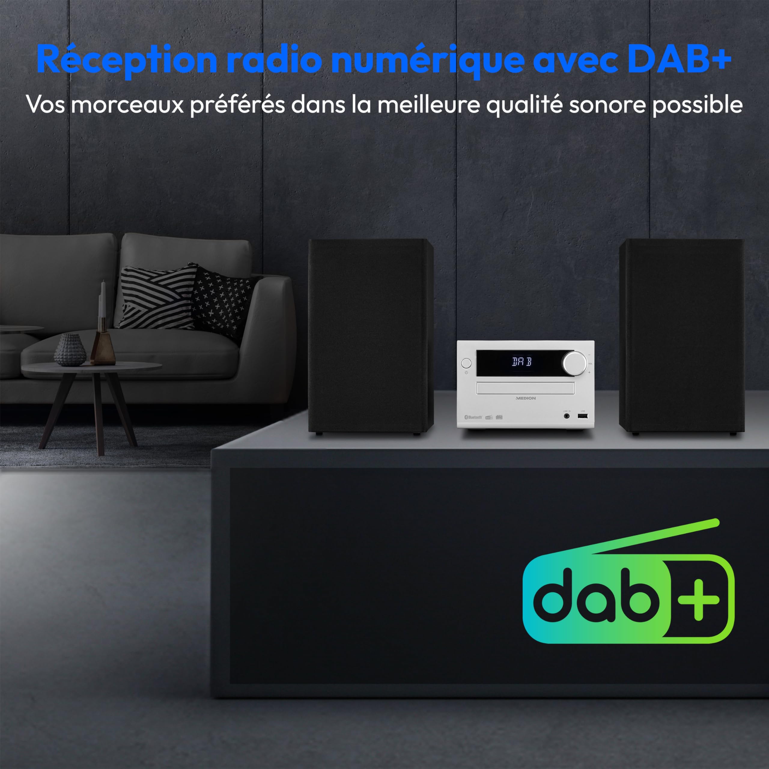 MEDION E64482 Microsystème audio compact (radio Internet, DAB+, lecteur CD, radio FM PLL, Bluetooth, lecteur MP3, AUX, prise casque, USB, minuteur de mise en veille, écran à intensité réglable) argent