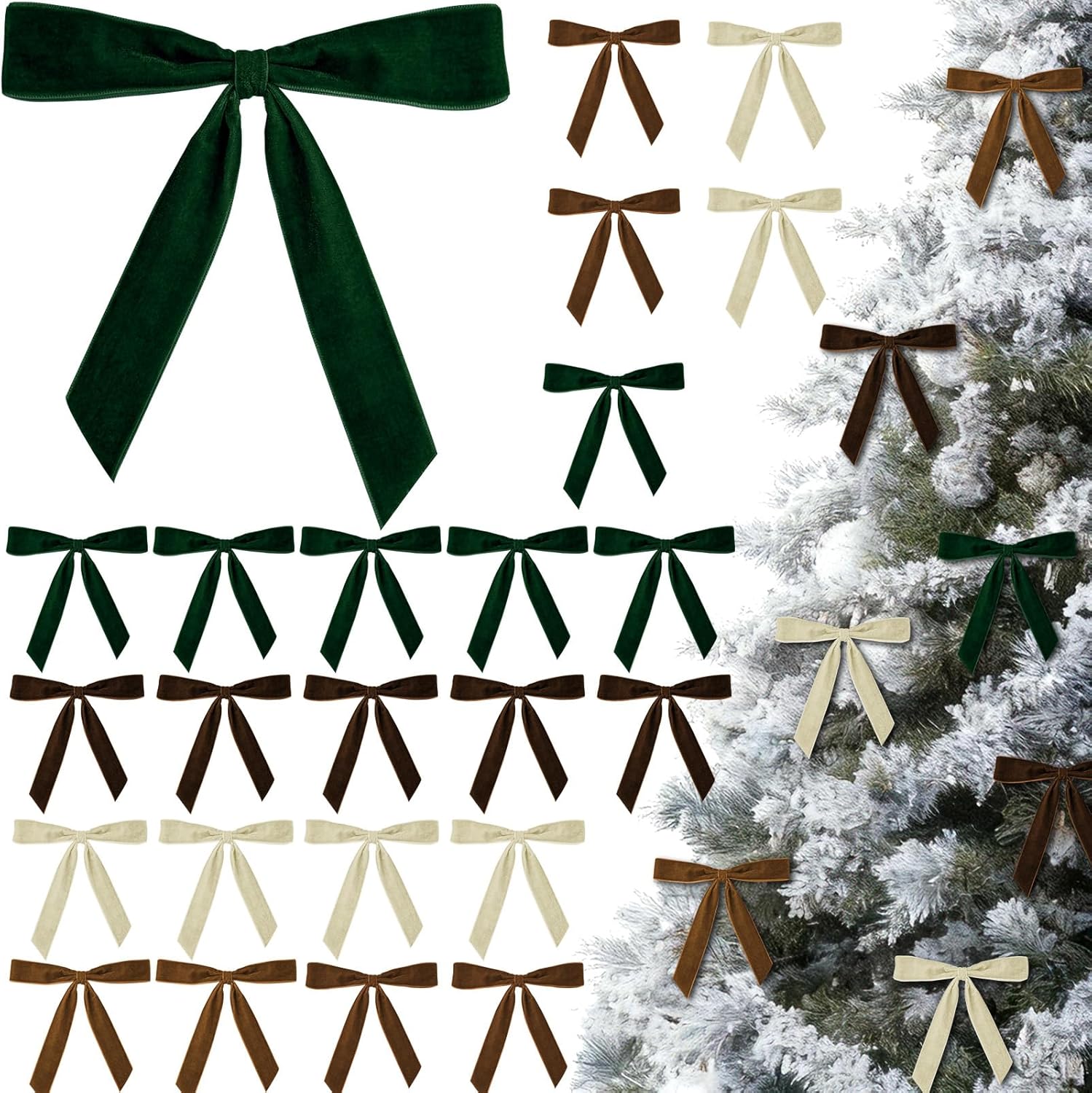 Cinrobiye 24 PCS Velvet Christmas Tree Bows Rustic Christmas Wreath Bow Decor Xmas Velvet Ribbon Bow Ornaments for Winter Holiday Home Farmhouse Tree Garland Wedding Outdoor Indoor Decor (Green&Brown)