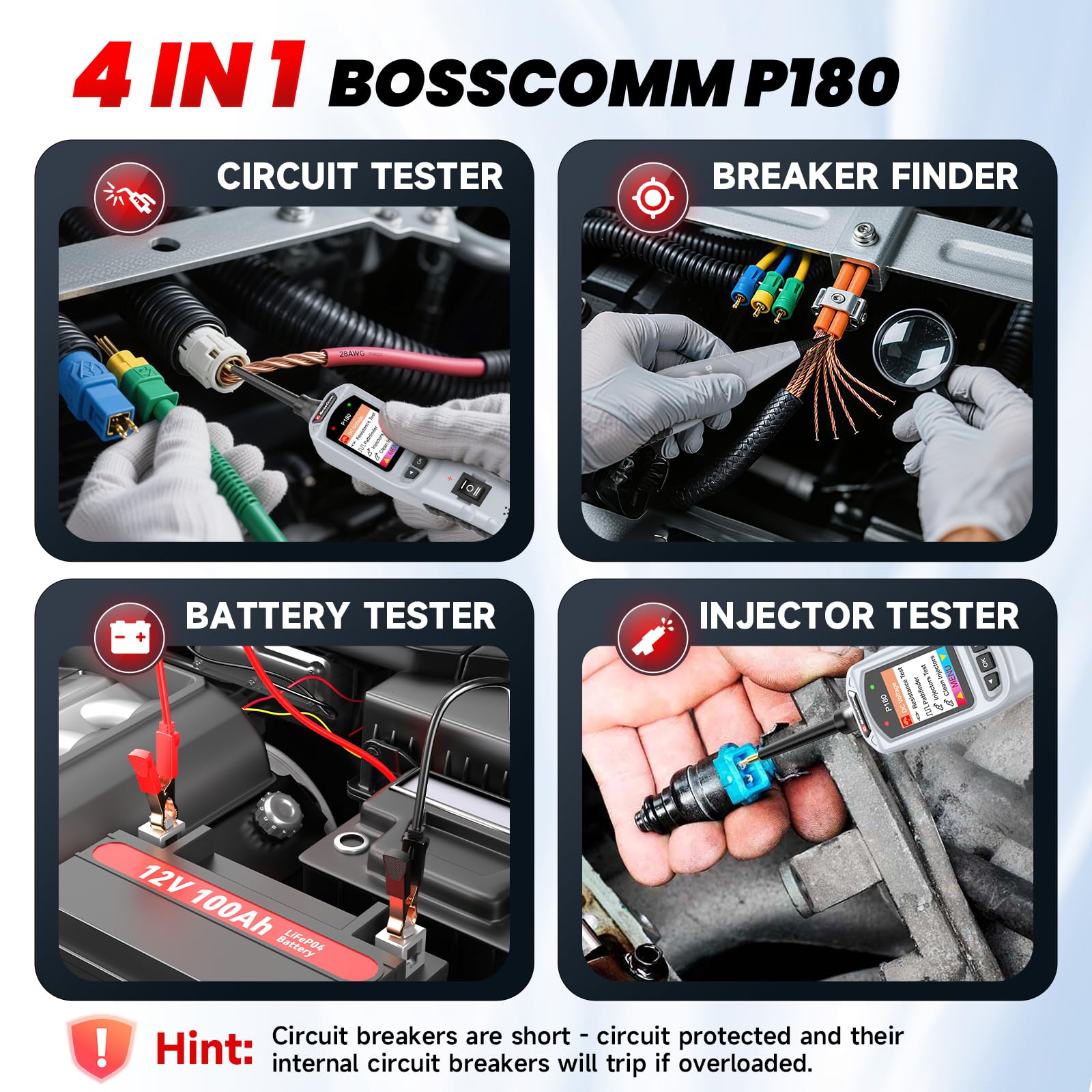 BOSSCOMM P180 - Probador de sonda de circuito de alimentación automotriz, herramienta de búsqueda de interruptores de 12-24 V, trazador de cables, prueba de batería, prueba de inyector de combustible