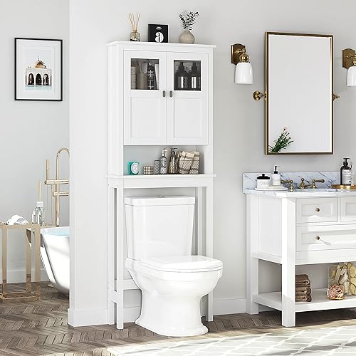 Miniatura 4 de Spirich Gabinete de baño sobre inodoro, armario de almacenamiento de baño con puertas de vidrio y estantes ajustables, armario de almacenamiento