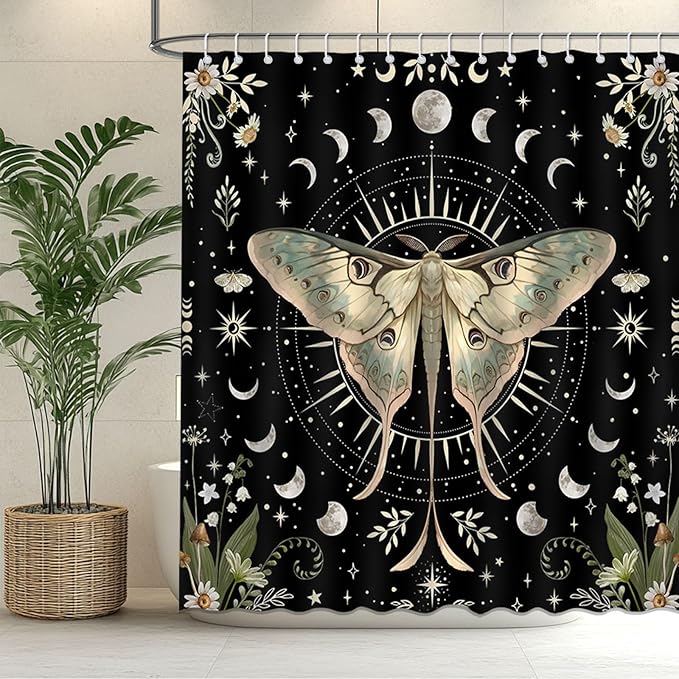 Mocsicka Gothic Witchy Moth Shower Curtain Moon Phase Mysterious Moth Floral Bathroom Shower Curtain Mystic Night Butterfly Waterproof Fabric Shower Curtains Bathtub Decor with 12 Hooks 72 X 72 Inches