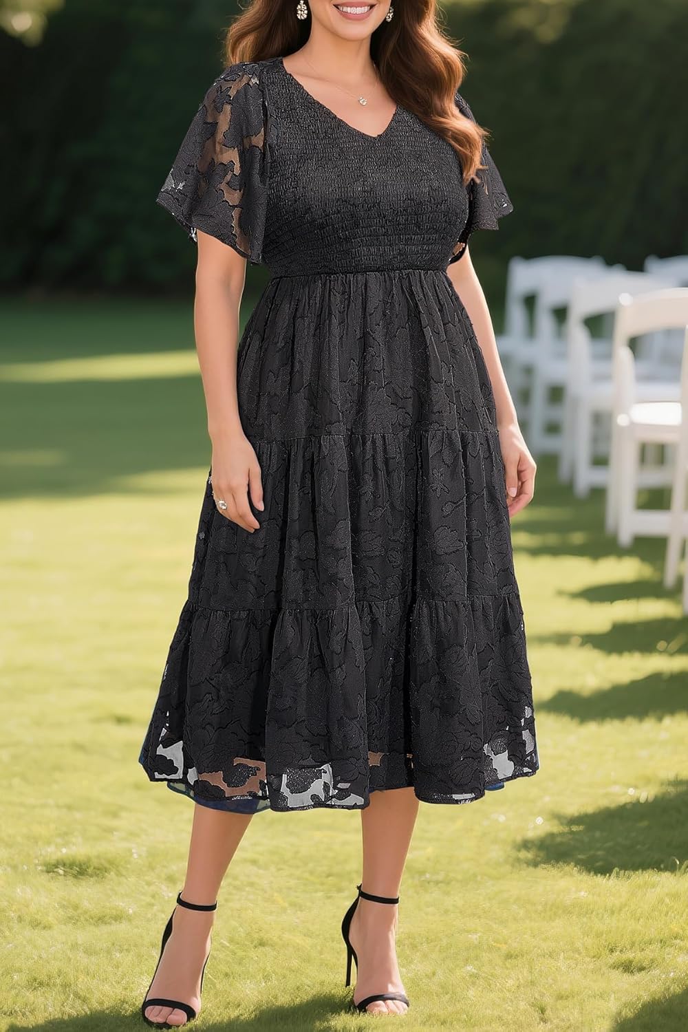 Pinup Fashion Plus Size Fall Wedding Guest Dress - Long Sleeve V Neck Floral Lace Smocked Flowy Tiered Midi Dress - Image 3