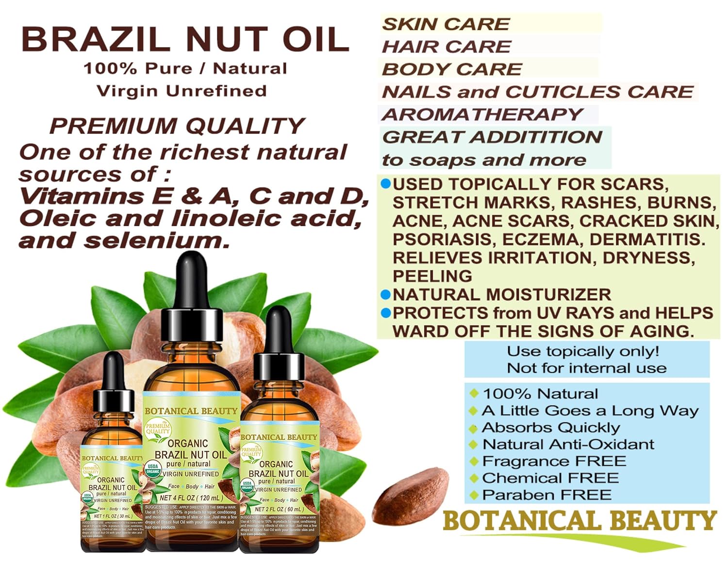 Botanical Beauty Organic BRAZIL NUT OIL Bertholletia Excelsa WILD GROWTH RAW Brazilian 100% Pure Natural Virgin Unrefined for FACE, SKIN, BODY, HAIR, NAILS, FOOT CARE (4 Fl Oz 120 ml)