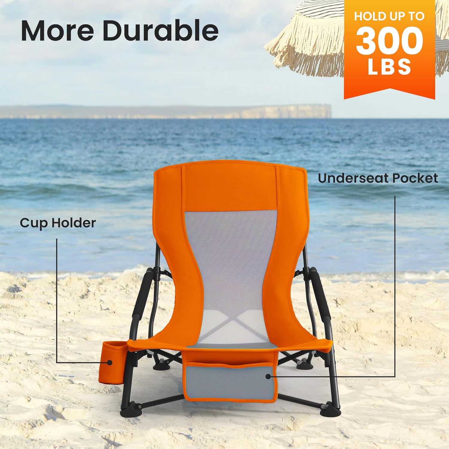 Portable Folding Beach Chair for Adults - Lightweight Low Back Sling Chair with Cup Holder & Storage Pocket, 300lbs Capacity Camping Chair for Outdoor, Lawn (Bright Orange, 2 pcs)