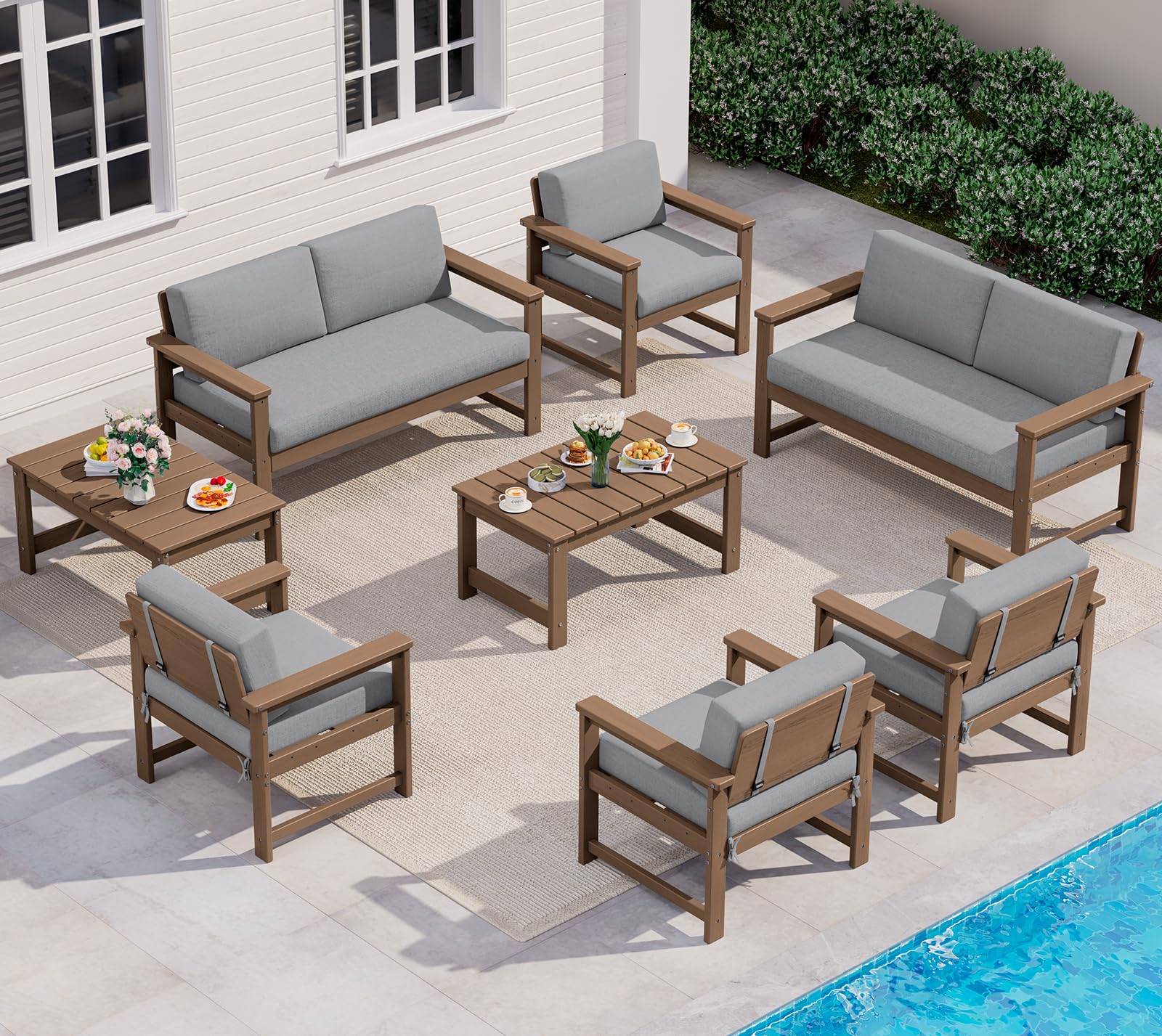 SERWALL 8 Pieces HDPE Outdoor Conversation Sofa Set with Cushion