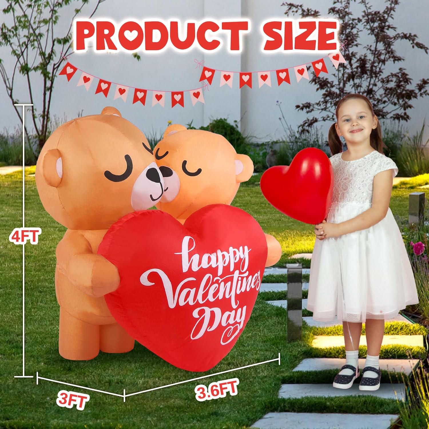 4FT Inflatable Valentines Day Outdoor Decorations Couple Bear with Love Heart LED Valentines Blow up Yard Decoration with LED Light for Party Anniversary Wedding Propose Garden Lawn Decor