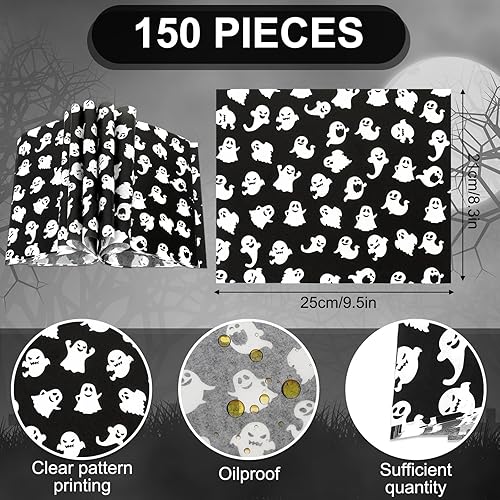 Miniatura 2 de AnyDesign - 150 hojas de papel de cera de Halloween, papel de fantasma blanco y negro, papel de envoltura de alimentos, impermeable, a prueba de