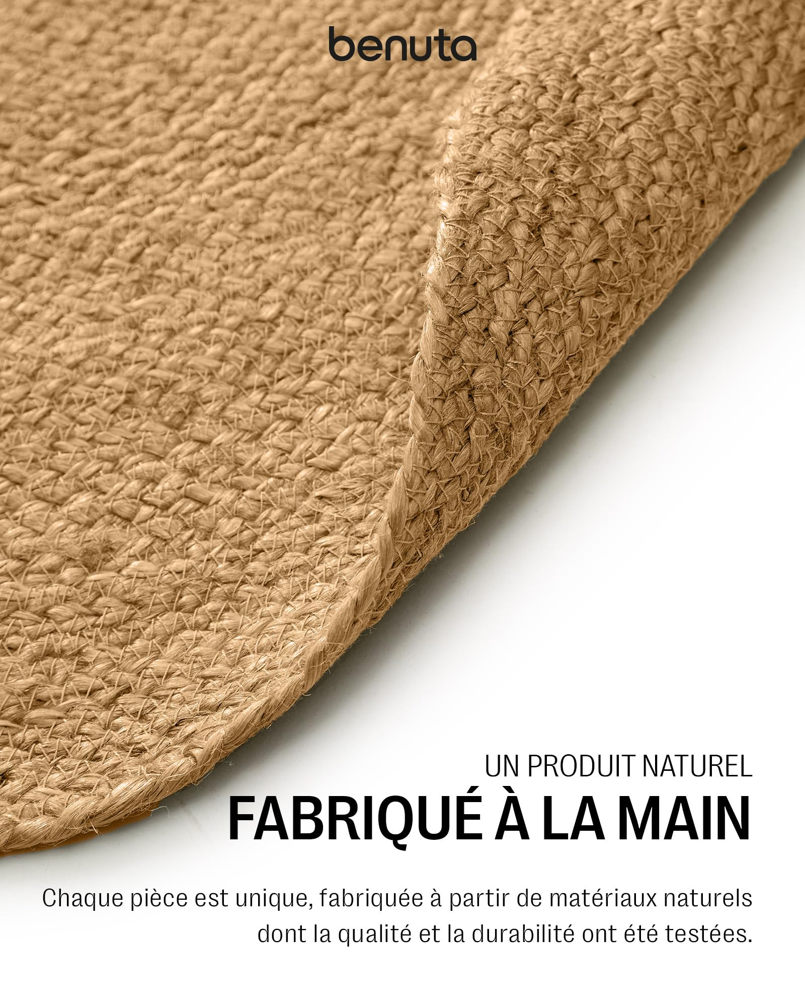benuta Jutta Tapis en Jute Naturel - Rond 90 cm - Tapis de Salon tissé à la Main - Design Naturel - Convient pour Chauffage au Sol