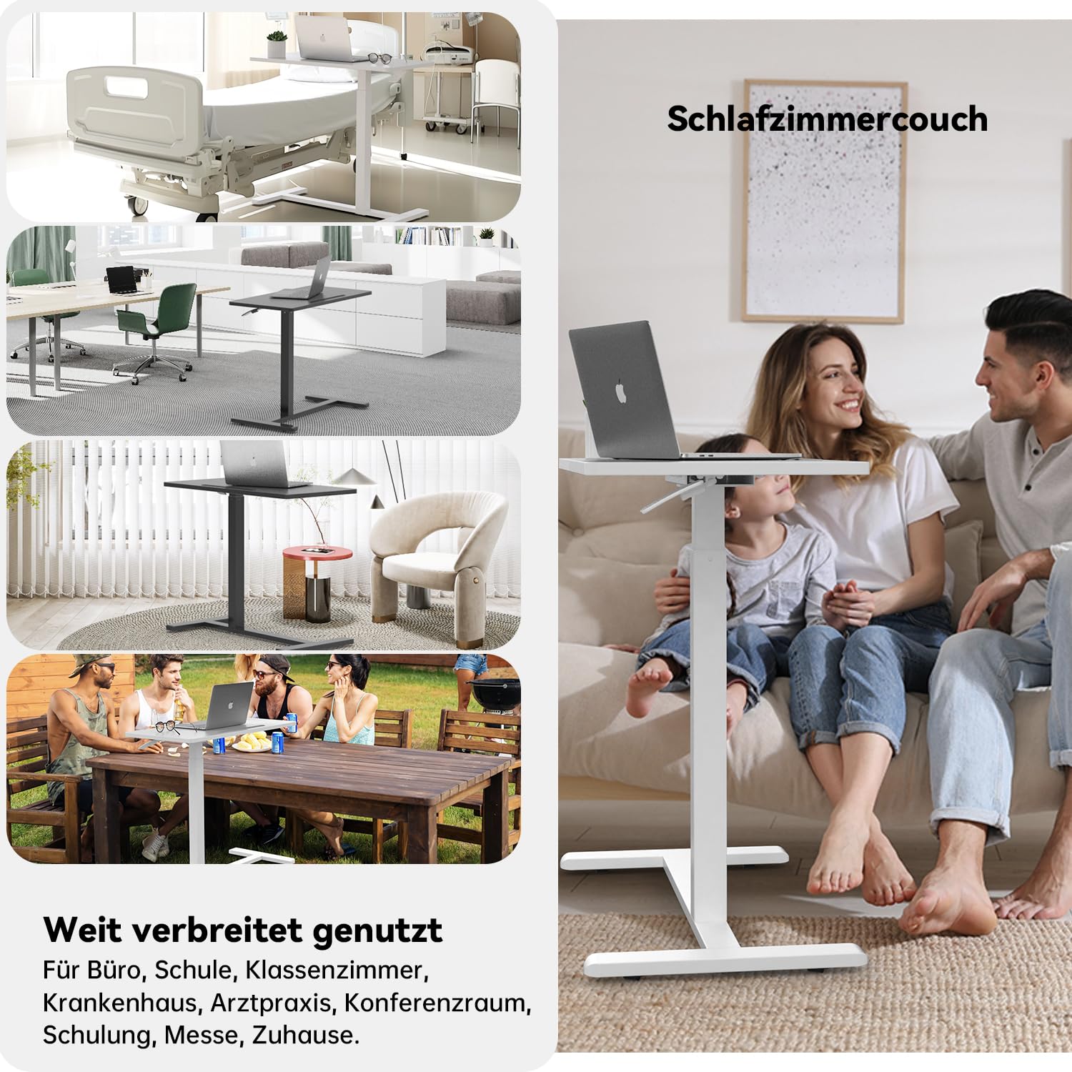 Gibbon Mounts Mobiler Höhenverstellbarer Schreibtisch, Laptoptisch mit 4 Rollen (80 x 40 cm), Stehpult Computertisch Klein, Beistelltisch C Form Couchtisch für Heimbüro, Weiß