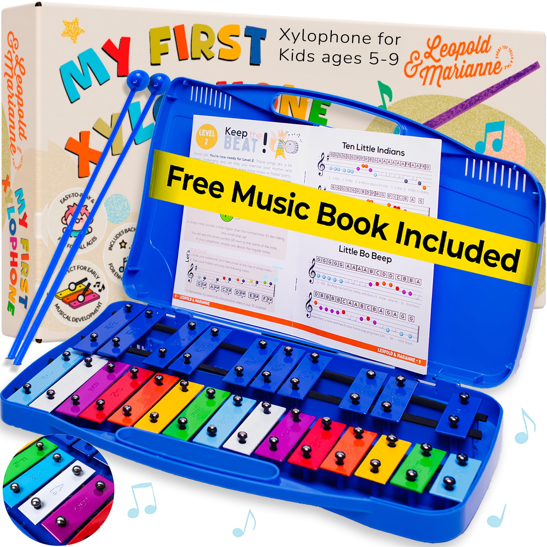 Leopold & Marianne | Xylophone for Kids Ages 5-9 | Kids Musical Instrument | Glockenspiel 25 Notes Chromatic | Color Metal Keys | Music Book Included,