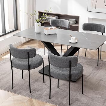 Cinxzar Grey Boucle Dining Chairs Set of 4, Upholstered Dining Room Chairs with Black Metal Legs, Round Modern Dining Chair for Dining Room, Kitchen