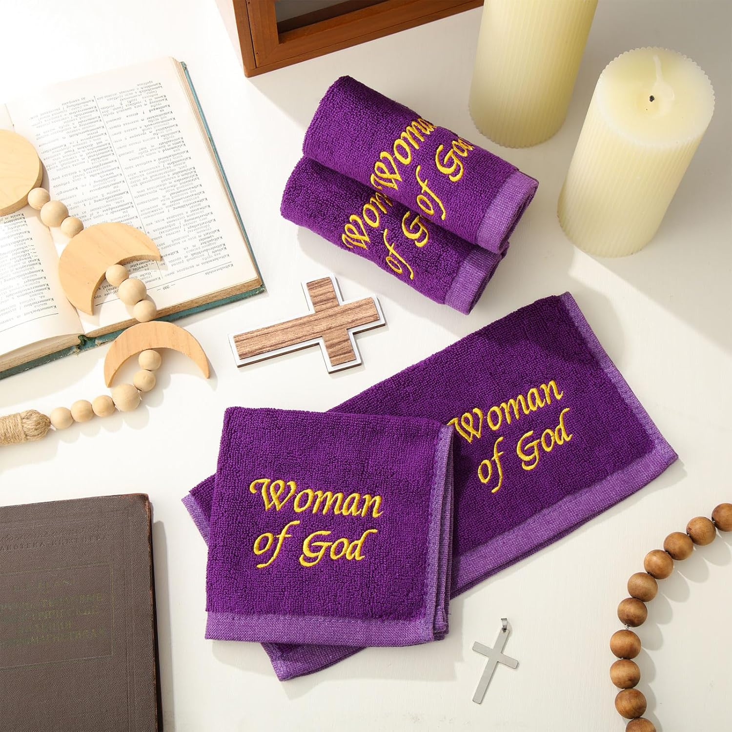 Buryeah 6 Pcs Pastor Towels for Men Women Christmas Pastors Appreciation Gifts Christian Cross Woman of God Church Clergy Hand Towels Handkerchiefs for Xmas Holiday Birthday Gifts(Purple,Woman of God)