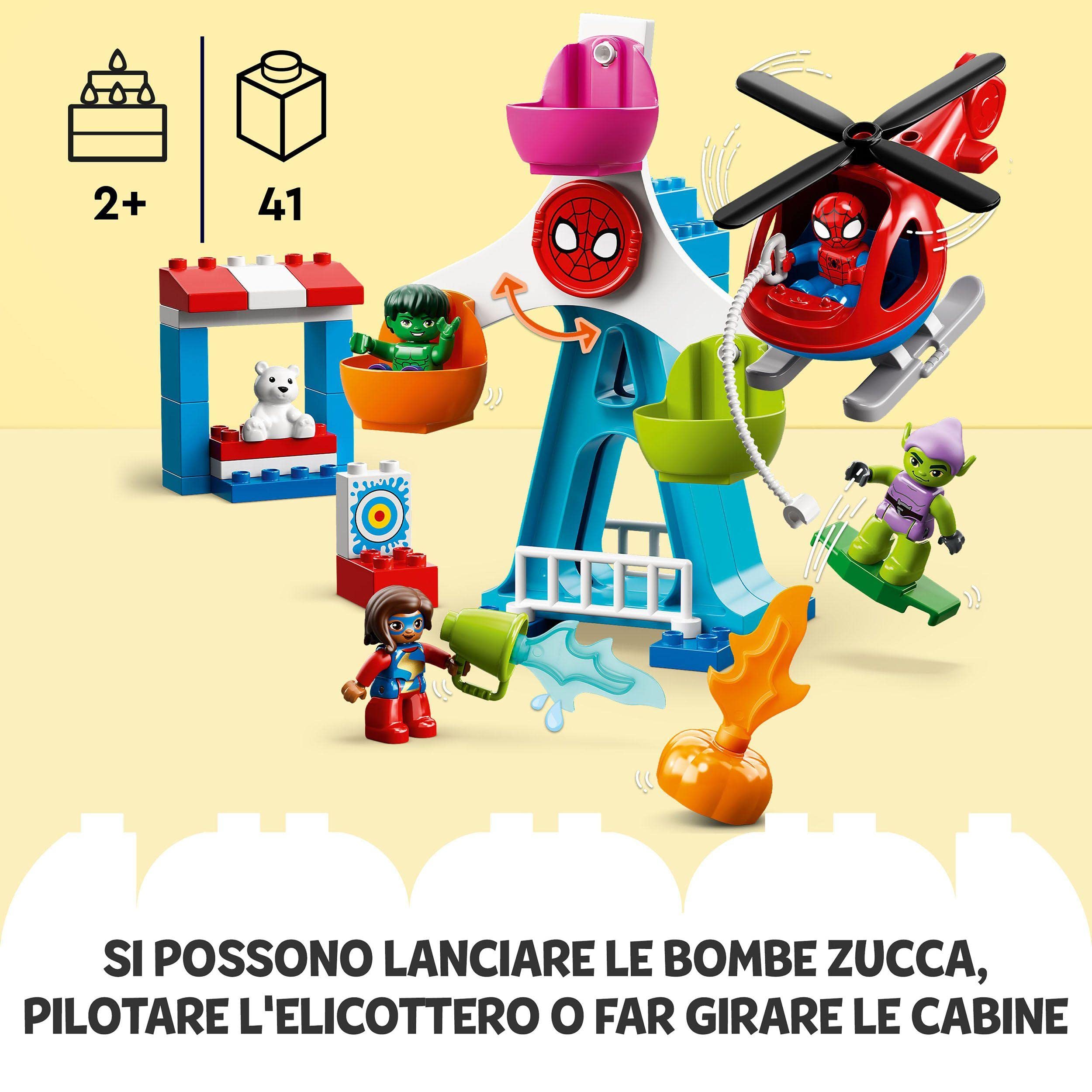 LEGO DUPLO Spider-Man e i suoi Amici: Avventura al Luna Park, con Elicottero Giocattolo, Green Goblin e Hulk, Giochi per Bambini dai 2 Anni 10963