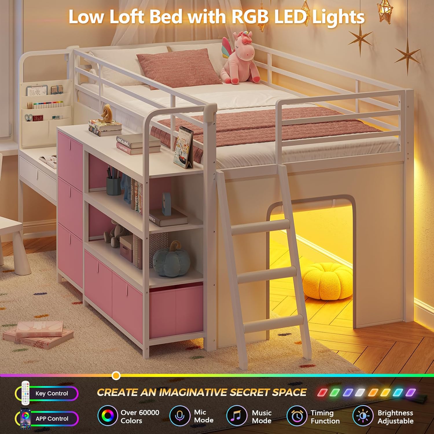 DICTAC Low Loft Bed with Desk and 6 Storage Drawers Twin Loft Bed with Bookshelf,LED Lights & Under-Bed Play Space,Kids Twin Beds with 13.8''H Safety Guardrail,Inclined Ladder&Play Curtain,Pink+White Pink+white Twin