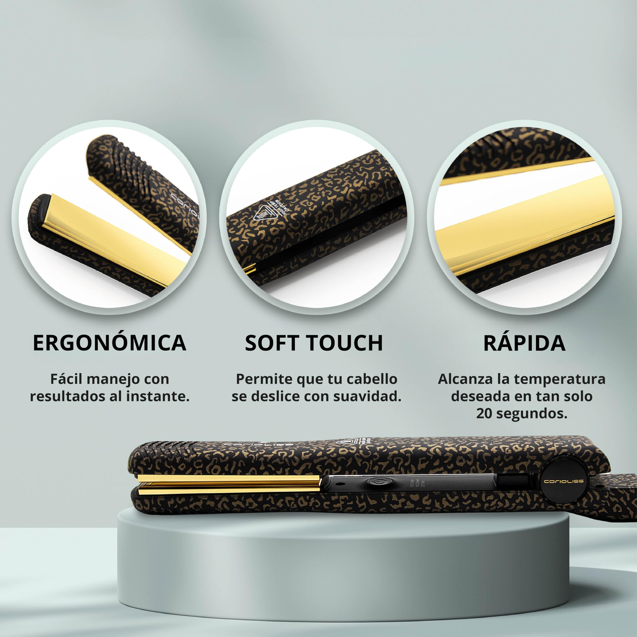 Corioliss C-Style | Plancha del Pelo | Placas de Titanio | Control de Temperatura 165º-220º | Iónica | Alisado Ondas | Incluye Cepillo Paddle | Calentamiento 30 Seg | Cable Giratorio | Leopard Gold