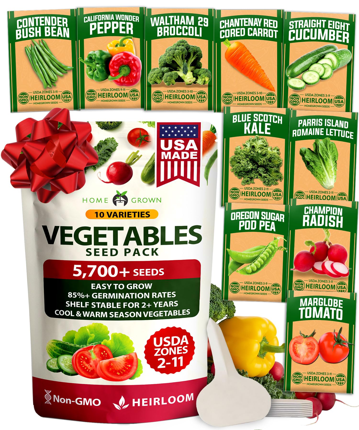 HOME GROWN 10 Variety Survival Seed Vault 2000+ USA Grown Heirloom Non-GMO Vegetable Seeds for Planting, High Germination, Garden Starter Kit, Emergency Food Supply, Indoor Outdoor