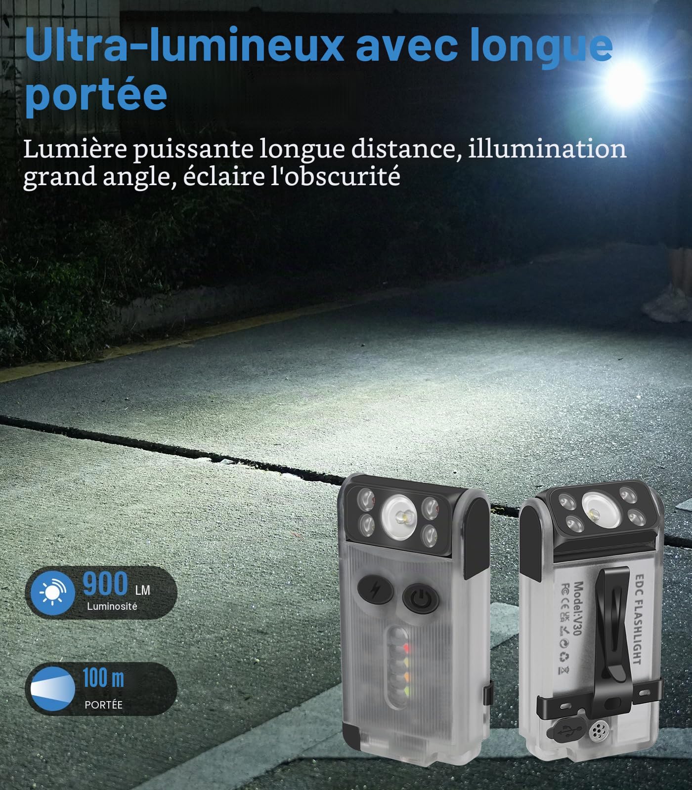 Boruit V30 Lampe Torche LED ultra Puissante Rechargeable avec UV et Rouge Lumière, Mini Lampes de Poche Rotation 180° Petite Torche 120 dB-Summer 12 Modes 900 LM IP65 Etanche A/C-C Flashlight (Bianco)