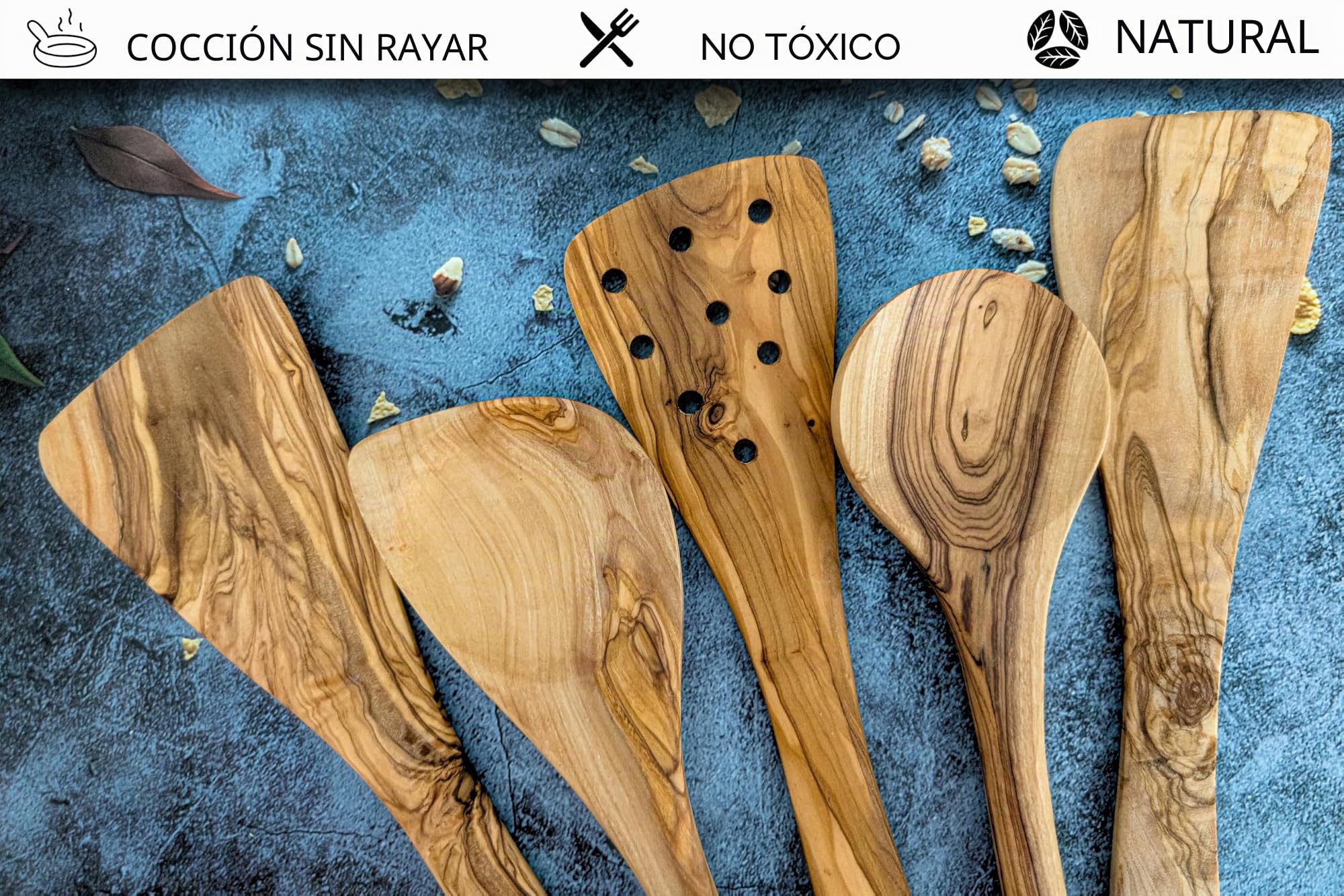 EMNA - Juego de utensilios de cocina de madera de olivo de 5 piezas | aprox. 30 cm | Cuchara de cocina para cocineros conscientes de la salud | deportistas | caja de regalo | antibacteriano | idea de