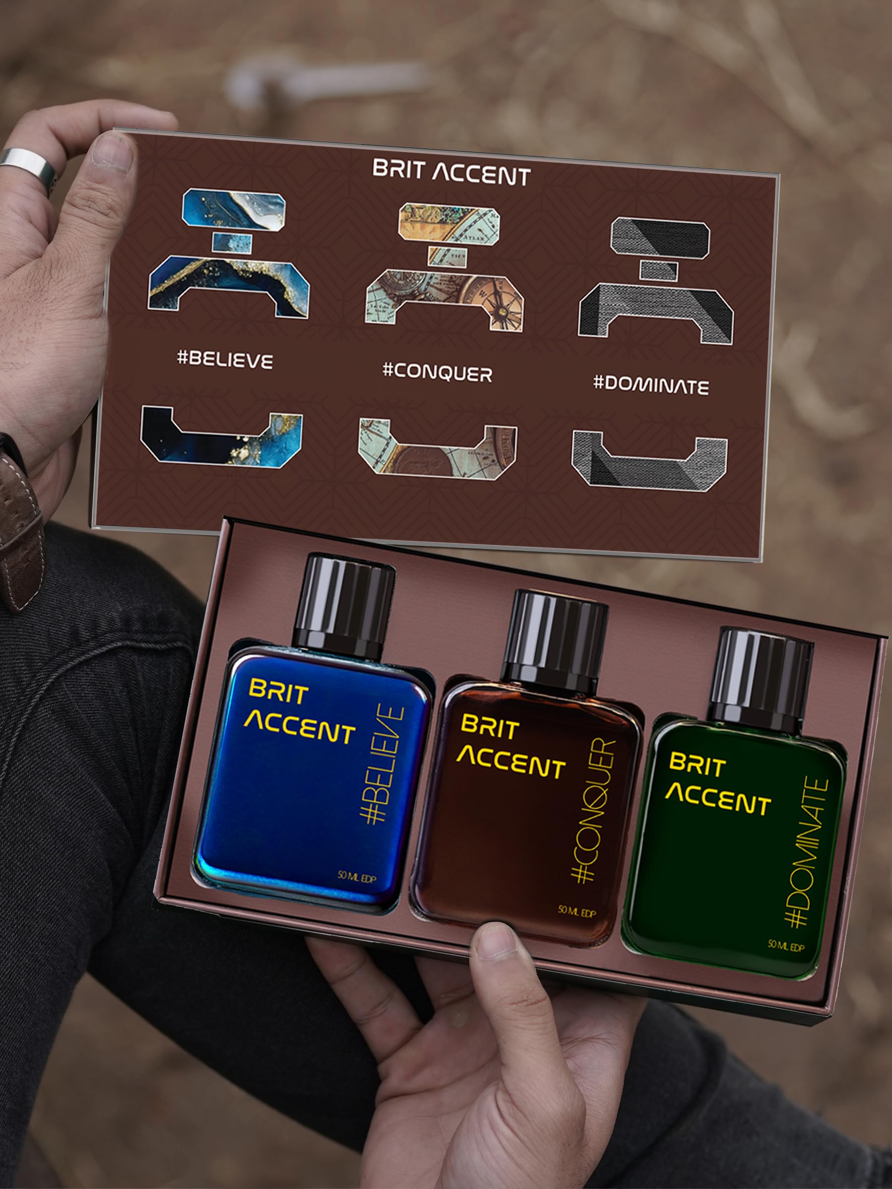 BRIT ACCENT Liquid || Grandeur Premium Collection Gift Set || Pack of 3 X 50 ML || Long-Lasting || #Believe #Conquer,#Dominate, 150ML || Fragrance Set - Parfum for Men ||