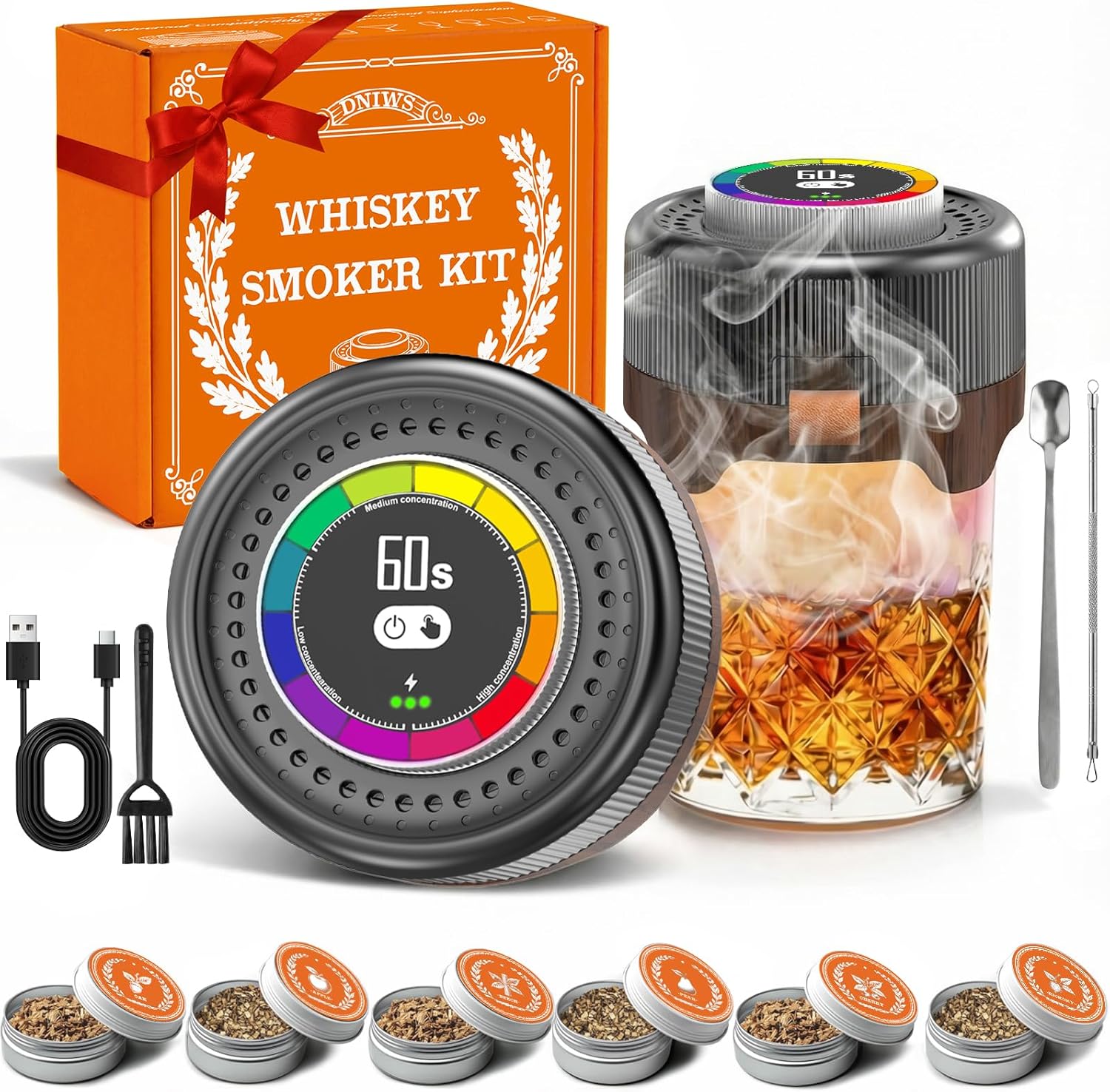 DNIWS Electric Whiskey Smoker Kit: 0-60s Adjustable Smoke Control, 6 Wood Chips, No Butane, Old Fashioned Cocktail Smoker, Bourbon Gift for Men