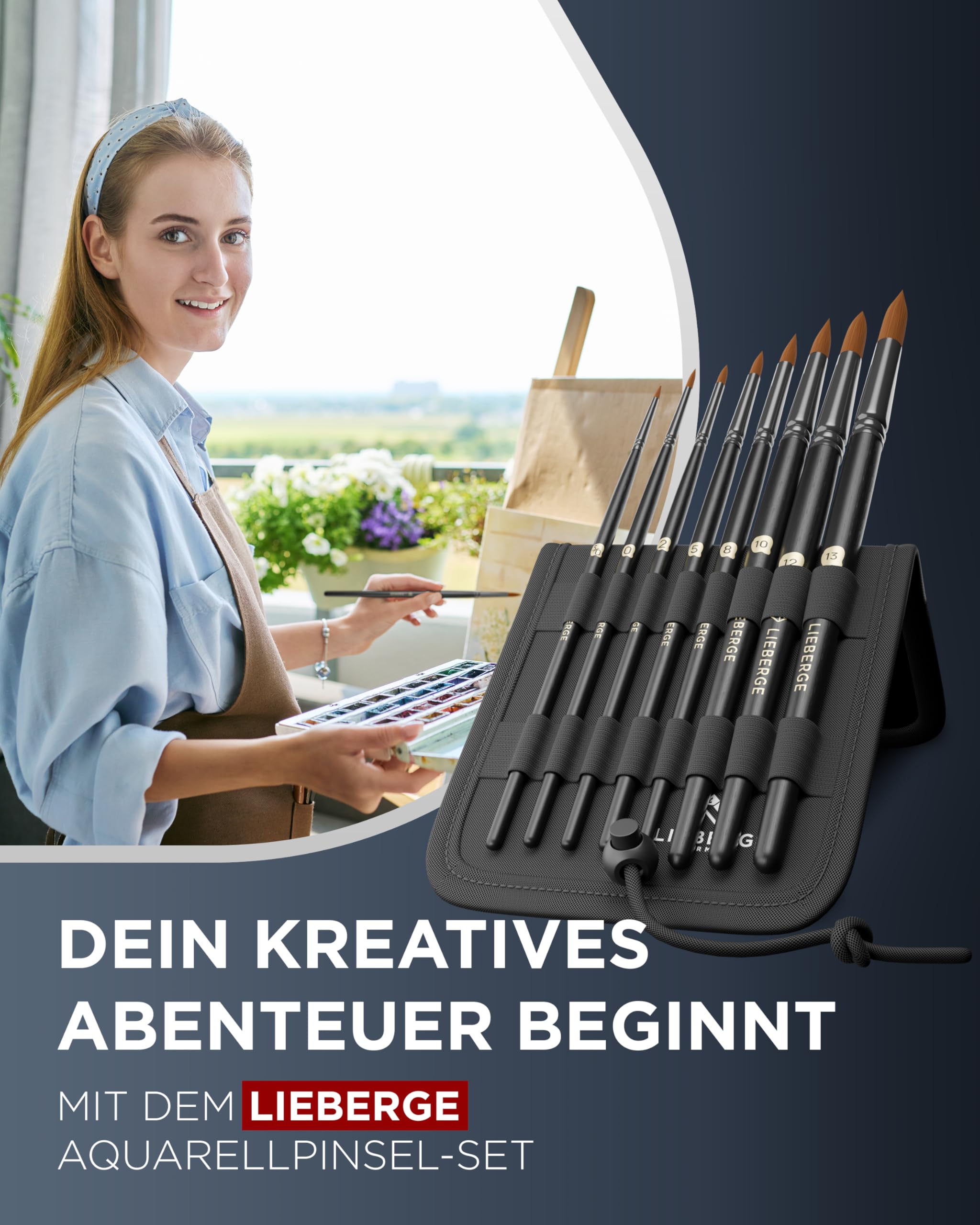 LIEBERGE Aquarell-Set: Aquarellpinsel 8er-Set + Aquarellpapier A4 | Kompletteinstieg ins Aquarellieren: 8 Aquarellpinsel aus Synthetik-Zobelhaar + Aquarellpapier A4 300g, 30 Blatt