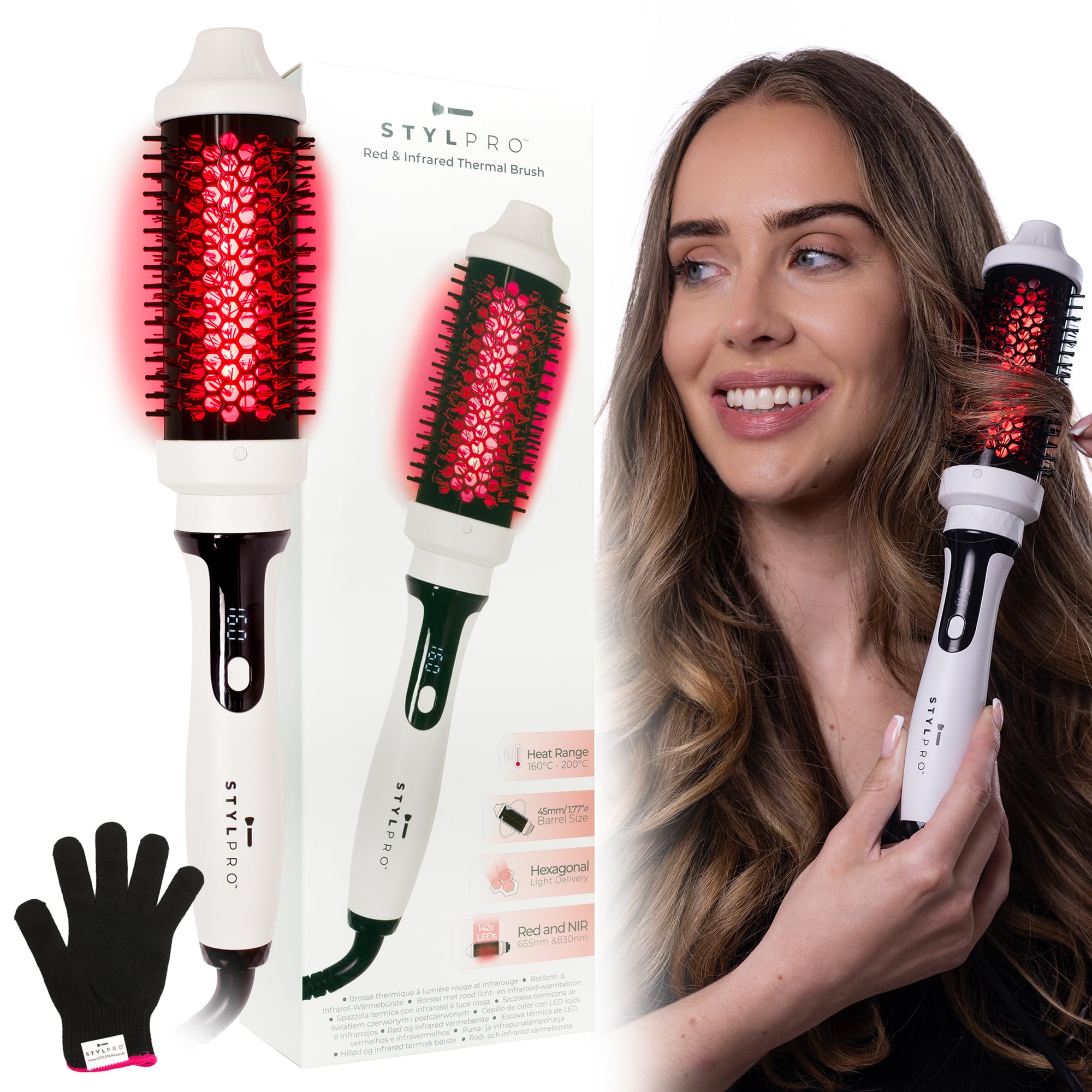 STYLPRO Szczotka termiczna z czerwonymi diodami LED bliskiej podczerwieni – 58 NIR + 84 czerwone diody LED, ceramiczna beczka, regulowane ciepło, lekka szczotka do wydmuchiwania i zwijania do