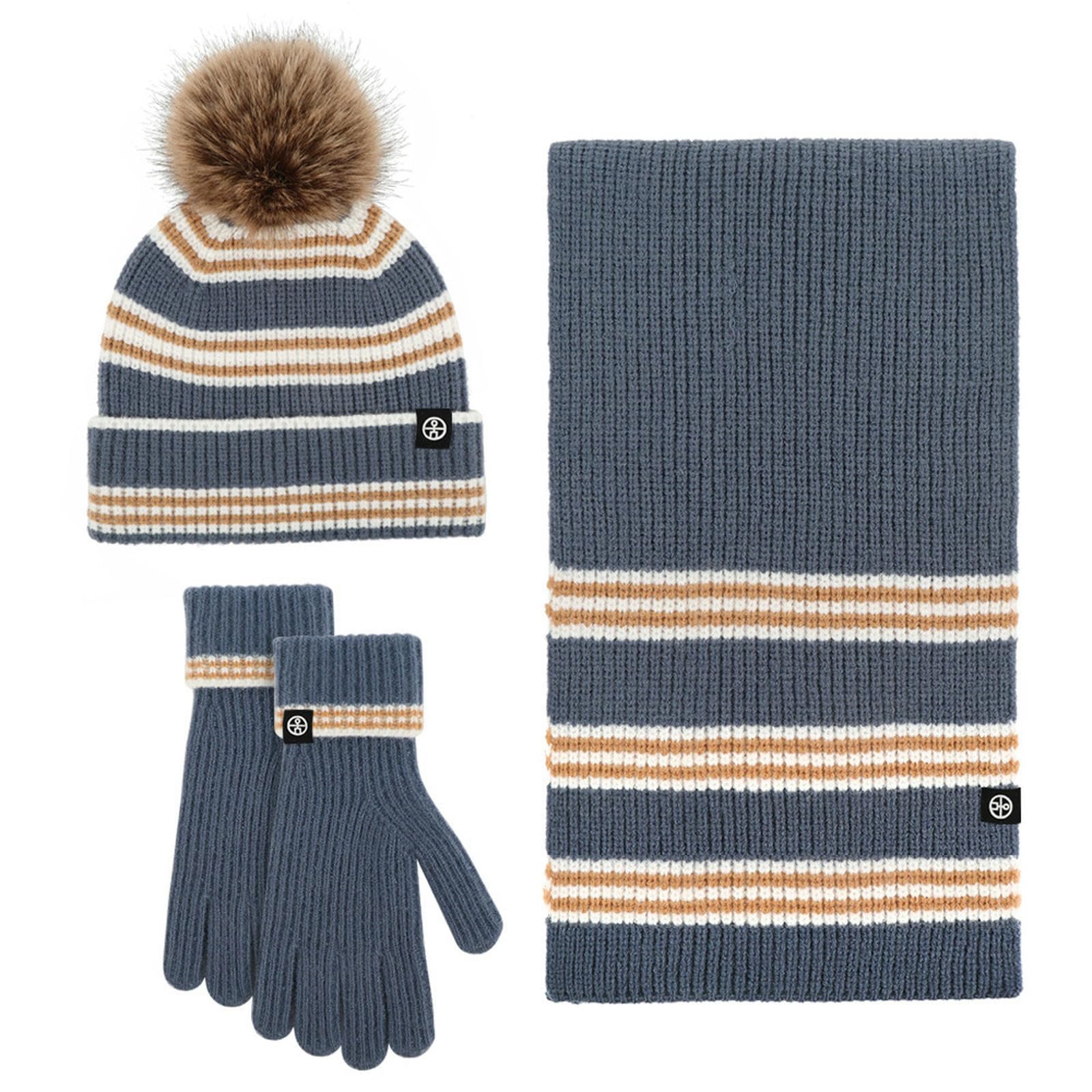 Wintermütze Schal Handschuhe Set Winterwarmes Outdoor-strickschal-Set Mit Gestreiften Ohrenschützern, Bommelmütze, Und Handschuhen-grau