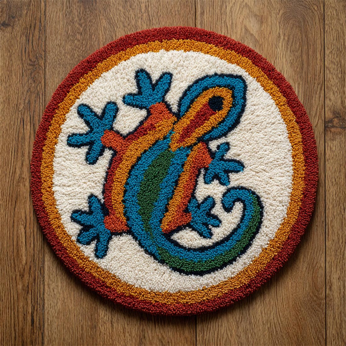 Rqwybcaxn DIY Rug Latch Hook Kits for Beginners Animal Cross Stitch Kit Colorful Lizard 60x60cm Round Washable Area Rug Bedroom Wall Hanging
