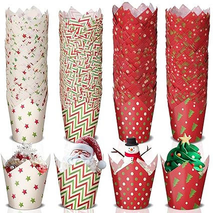 Umigy 600 Pcs Christmas Tulip Cupcake Liners for Baking Cupcake Wrappers Liners Greaseproof Paper Tulip 4 Styles Holiday Muffin Liners for Xmas Birthday Baby Shower Tea Party (Trees)