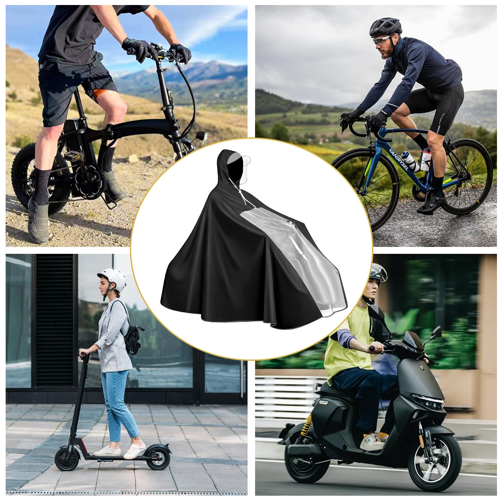 Poncho Pioggia per Bicicletta - Impermeabile Leggero in PVC Riutilizzabile, Copertura Completa con Cappuccio - Ideale per Bici, Mountain Bike ed E-Bike (Compatto, Traspirante)