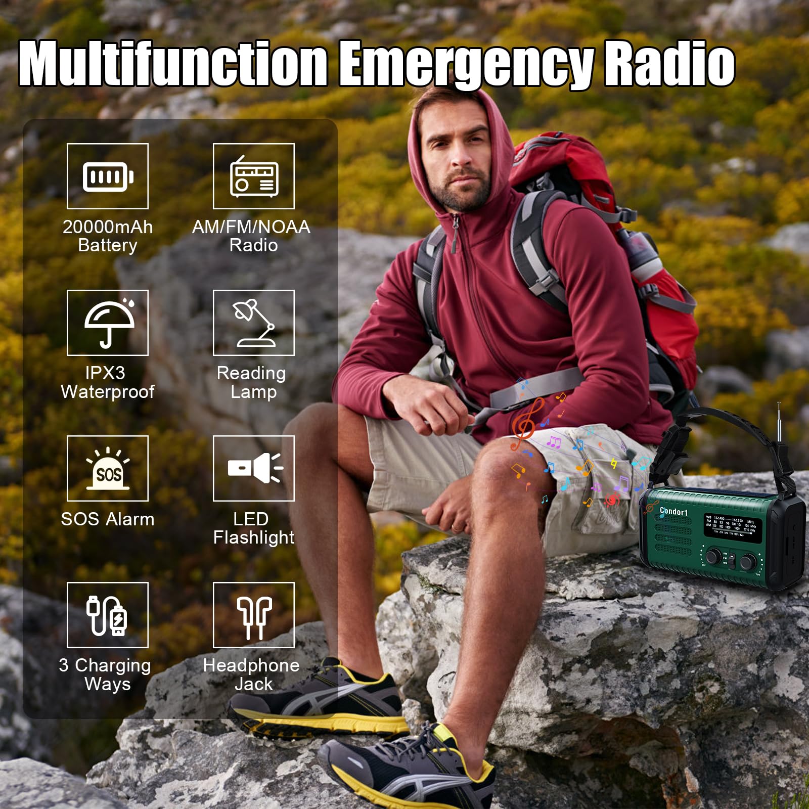 Radio meteorologica di emergenza, 20000 mAh, NOAA/AM/FM, radio a manovella con ricarica USB, alimentazione a batteria ricaricabile, allarme SOS, lampada da lettura a LED e torcia per emergenze, per