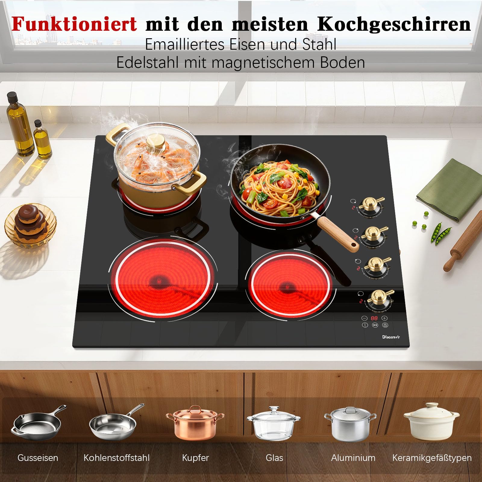 Kochfeld 4 Platten mit Drehknopf, Einbau Herdplatte 4 Kochfelder | Timer, Kindersicherung, 9 Leistungsstufen, 60 cm, 6000W