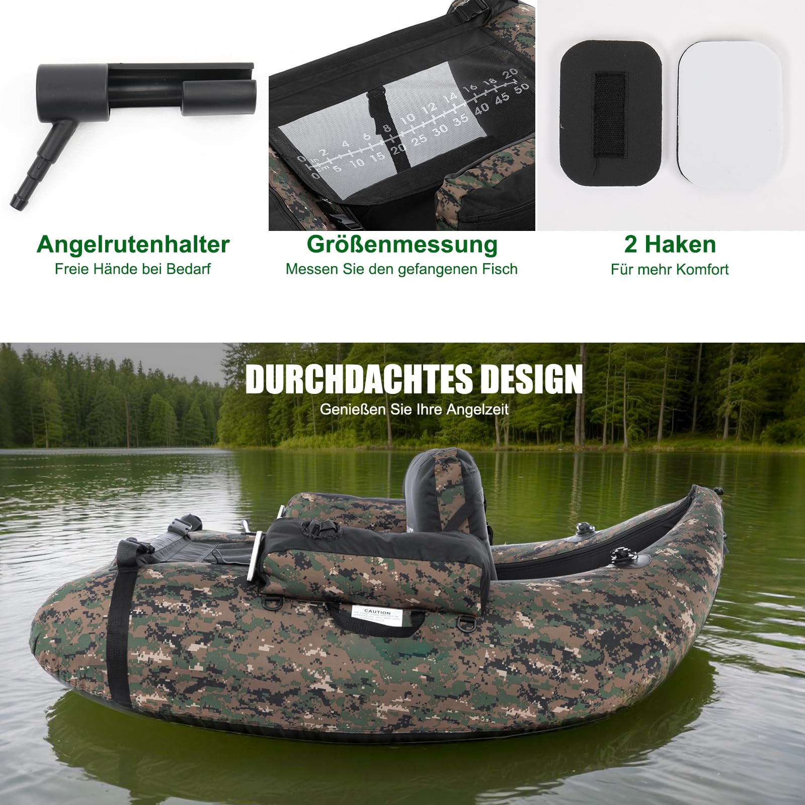 LEADZM Camuflaje - Barco inflable con bomba, barco de pesca con soporte para caña de pescar, correas ajustables, bolsa de almacenamiento, capacidad de carga 150 kg