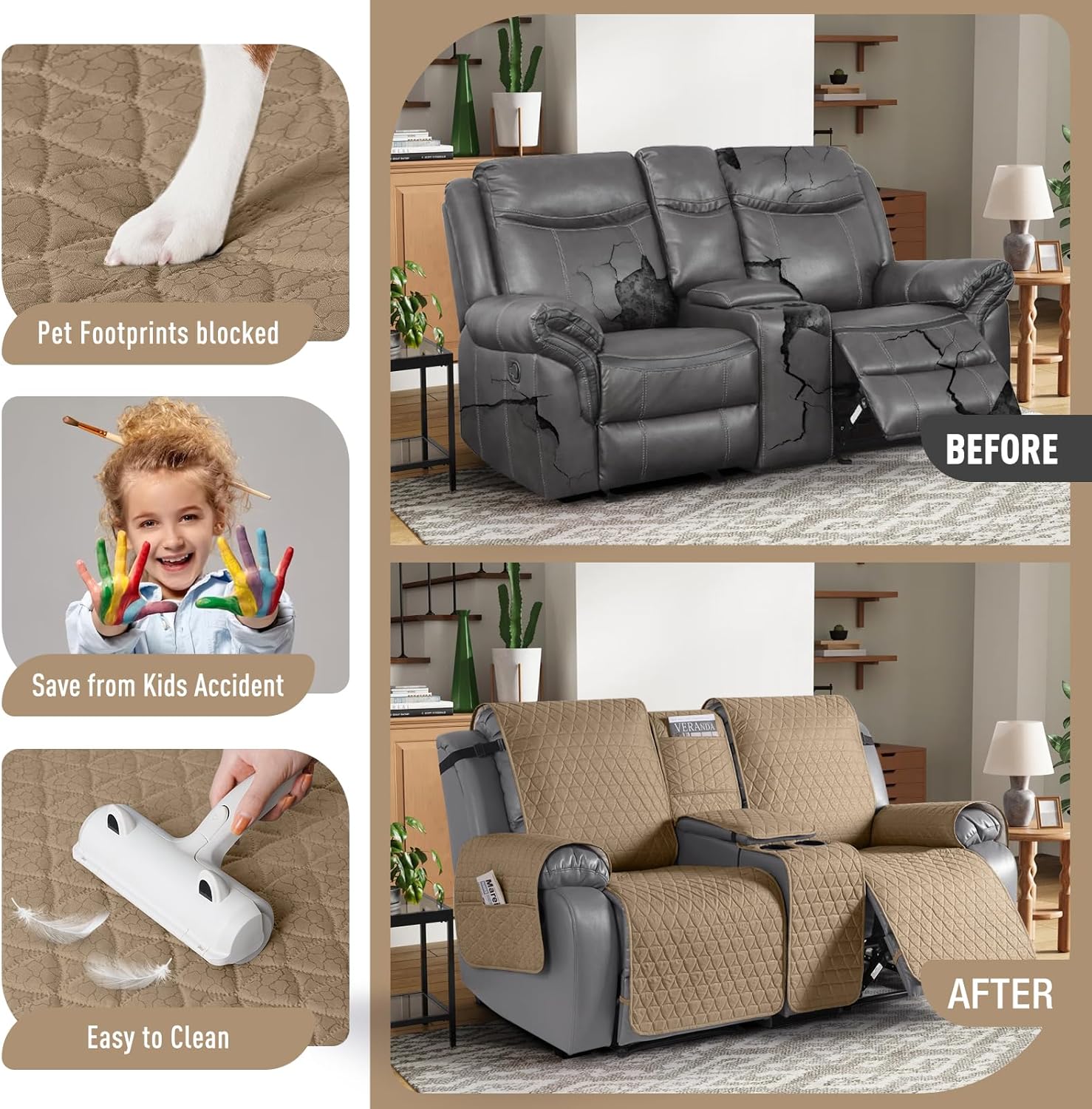 TAOCOCO 100% Waterproof Loveseat Recliner Couch Covers with Console,Double Reclining Couch Cover Non-Slip Sofa Slipcovers Washable,Furniture Protector Covers for Dog,Pets(2 Seater,Camel)