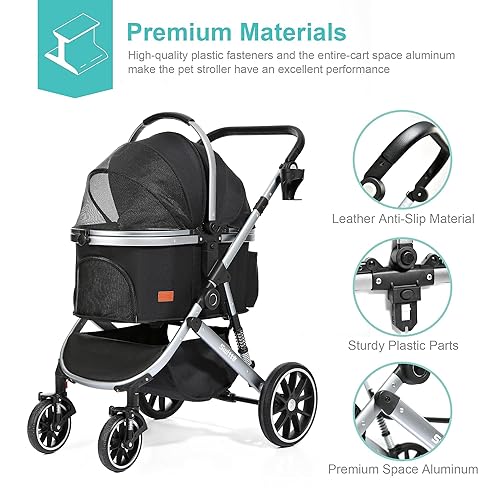 Miniatura 6 de SWITTE Cochecito para perros pequeños y medianos y gatos con cesta desmontable, 3 en 1, 4 ruedas, para mascotas, viajes, cachorros, gatitos,