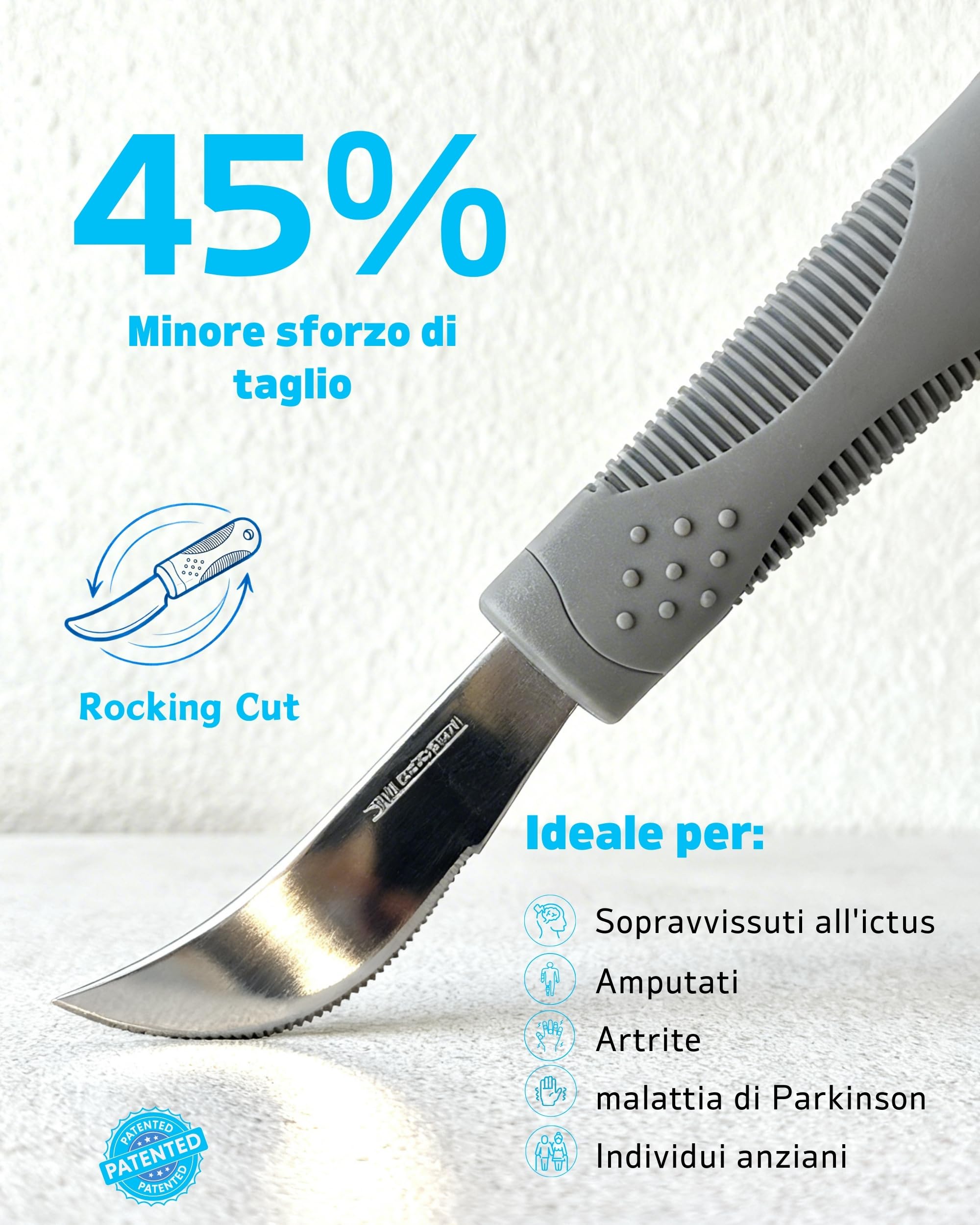 Set Posate Adattive con Peso – per Tremori e Parkinson, Coltello Oscillante a 42°e Cucchiaio Profondo, 71 g (Grigio, Mano Sinistra)